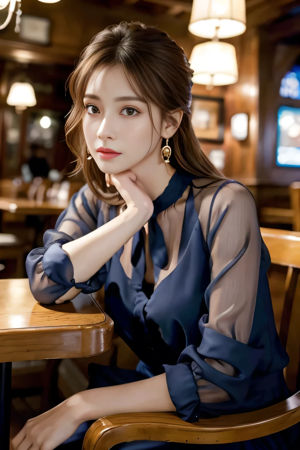 masterpiece, highest quality, Realistic, Very detailed, Finer details, High resolution, 8k wallpaper, One beautiful woman, Wear a navy blue see-through blouse, In a great pub, At night, Light brown messy hair, Perfect dynamic composition, Beautiful and beautiful eyes、Big earrings、Sitting in a chair、