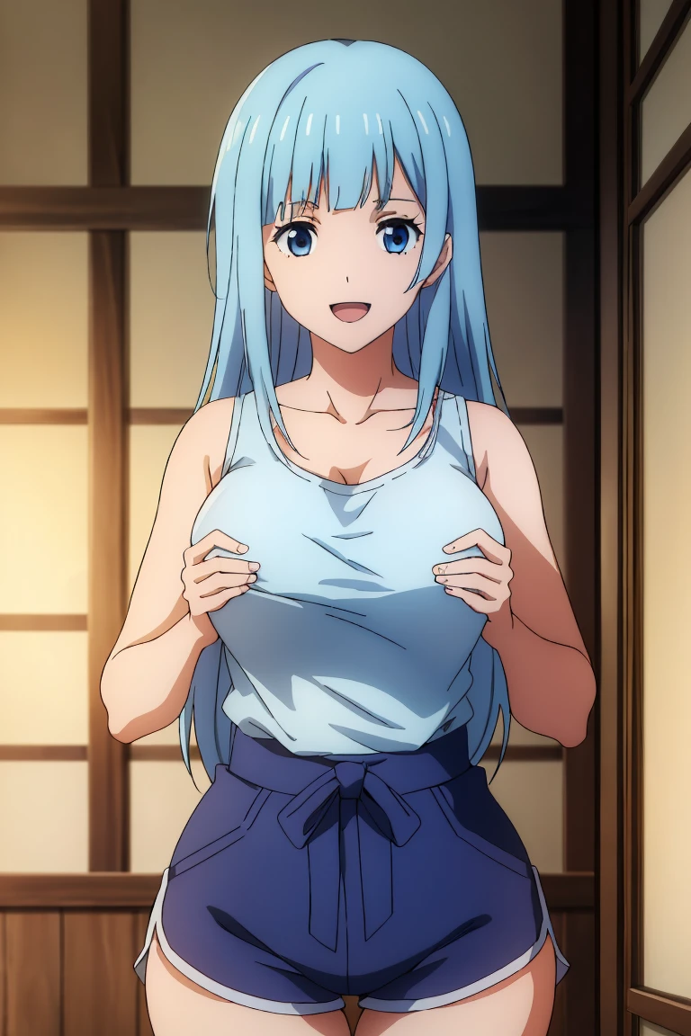 (extremely detailed CG unity 8k wallpaper),(masterpiece),(best quality),(ultra-detailed),(best illustration),(best shadow),(absurdres), Kasumi, 1girl, solo, blue hair, long hair, blue eyes, smile, holding, bangs, blunt bangs, indoors, upper body, open mouth, straight hair, tanktop, sleeveless, collarbone, bare shoulder, Standing in bedroom , large breasts, hands in lap, thick thighs, facing camera, looking at viewer, (wide hips), beautiful japanese garden background, dolfine shorts, dshorts,
