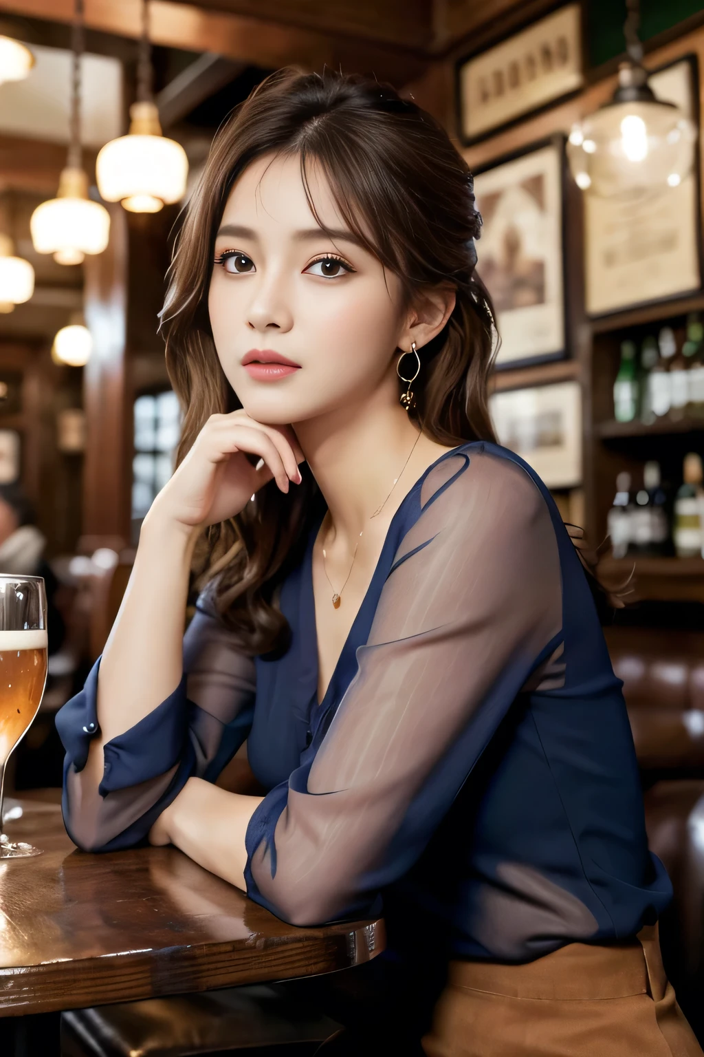 masterpiece, highest quality, Realistic, Very detailed, Finer details, High resolution, 8k wallpaper, One beautiful woman, Wear a navy blue see-through blouse, In a great pub, At night, Light brown messy hair, Perfect dynamic composition, Beautiful and beautiful eyes、Big earrings、Sitting in a chair、