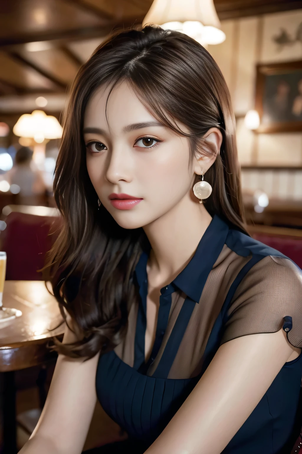masterpiece, highest quality, Realistic, Very detailed, Finer details, High resolution, 8k wallpaper, One beautiful woman, Wear a navy blue see-through blouse, In a great pub, At night, Light brown messy hair, Perfect dynamic composition, Beautiful and beautiful eyes、Big earrings、Sitting in a chair、