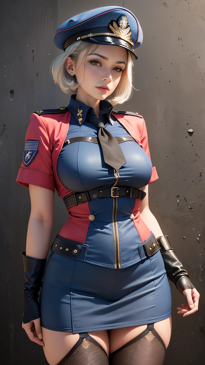 1girl, short emo blonde hair, blue eyes, wearing sexy military coat, mini skirt outfit, wearing glasses, office, absurdres, high res, ultrasharp, 8K, masterpiece, looking at viewer, nsfw, tall girl, big boobs, commander, wearing long rapier, open button, western girl, 3d, semi realistic