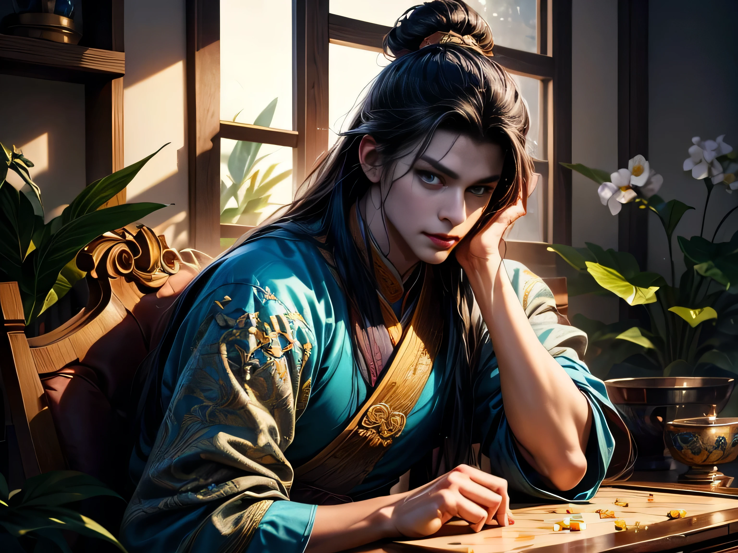 (Best Quality, 8K, Masterpiece, HDR, Soft Lighting, Picture Perfect, Realistic, Vivid), Garden with blue and pink flowers, a handsome man is lying on the grass, arafed image of a man playing a game of go, inspired by Ma Shi, inspired by Ma Lin, inspired by Cao Zhibai, inspired by Wu Daozi, inspired by Hu Zaobin, inspired by Gu An, inspired by Xuande Emperor, inspired by Zhao Mengfu, inspired by Zhang Wo, game illustration, he has a beautiful blue eye color and a kind smile , black hair, he has a naked torso with a perfect body, his clothes are Tang Dynasty style, man, cute man, blue eyes, smile (ultra high quality fantasy art, majestic fantasy style), masterpiece, ultra high quality male character design, anime art in 8k resolution, realistic anime art, highest quality wallpaper illustration, detailed ultra high quality accurate male character face, high quality design and accurate physics, male character) (ultra high quality fantasy art, dark fantasy style), masterpiece, ultra high quality characters, anime with -8k resolution, realistic anime art, highest quality wallpaper illustration, ultra high facial detail, high quality design and accurate physics), color difference, depth of field, dramatic shadows, ray tracing, high quality and detailed computer wallpapers in 8K resolution. (Accurate simulation of the interaction of light and material)], [Visual art that conveys the meaning of history]