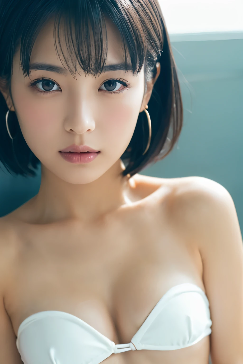 1 girl, (strapless micro bikini:1.5), (Looking into the camera)、Beautiful Japanese actresses, ((Small, flat chest:1.5))、Photogenic, ((Close-up of face:1.5))、Yukihime, Long eyelashes, Snowflake Earrings,strapless micro bikini、
(RAW Photos, highest quality), (reality, reality的:1.4), (Flying debris), 
Beautiful details, Beautiful lip detail, Highly detailed eyes and face, 
BREAK is perfect anatomy, The whole body is thin, Small breasts, (short hair:1.3), Angel&#39;smile, 
Crystal Skin, Wake up, Capture the light