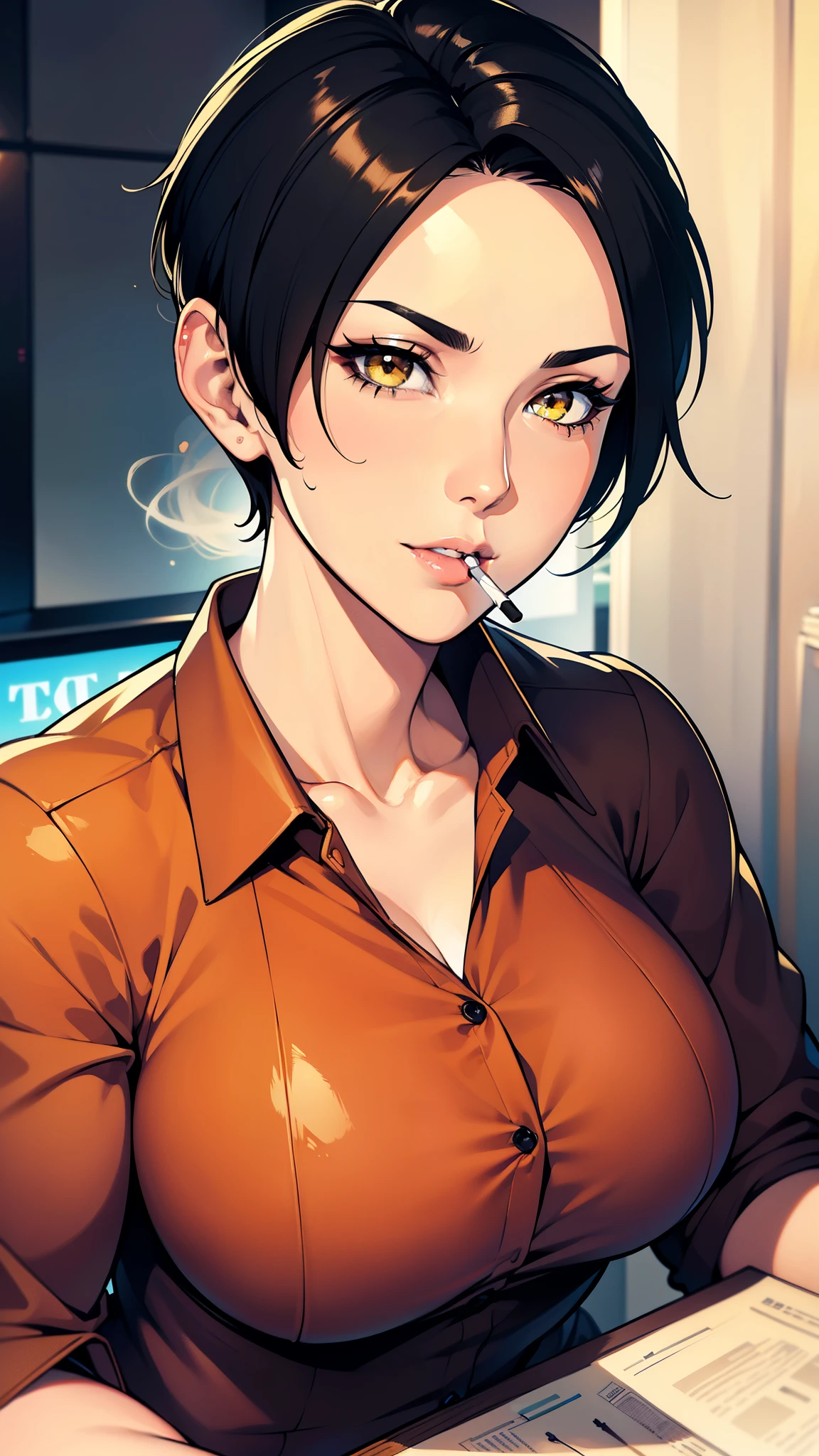 {8k image}, 1beautiful mature woman (MILF), 40 years old, thin lips, pointed nose, upturned eyes, oval face, tanned skin, yellow eyes, short black hair (pixie cut), busty, wearing a plaid shirt (black and red), {looking directly at the viewer}, {facing forward}, {perfect anatomy}, {image focused only on the face}, {face portrait}, sweet expression on the face, cigarette in mouth, background unfucused