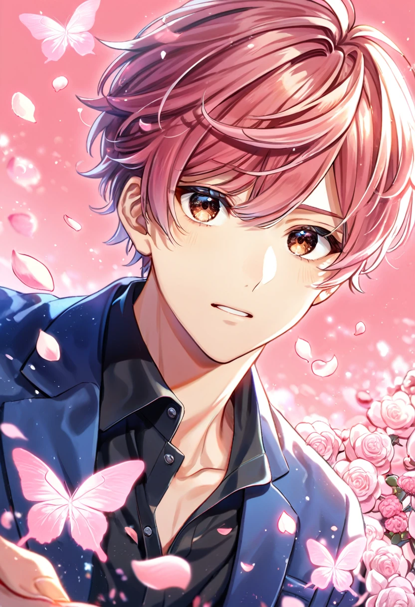 absurdres, highres, ultra detailed, HDR, master piece, best quality, Sato Mafuyu, brown-pink hair, expressive brown eyes, Given, solo, man, handsome, blue jacket, black shirt, pink butterflies, petals, pink flowers, magical, fantasy, glittering, pink background