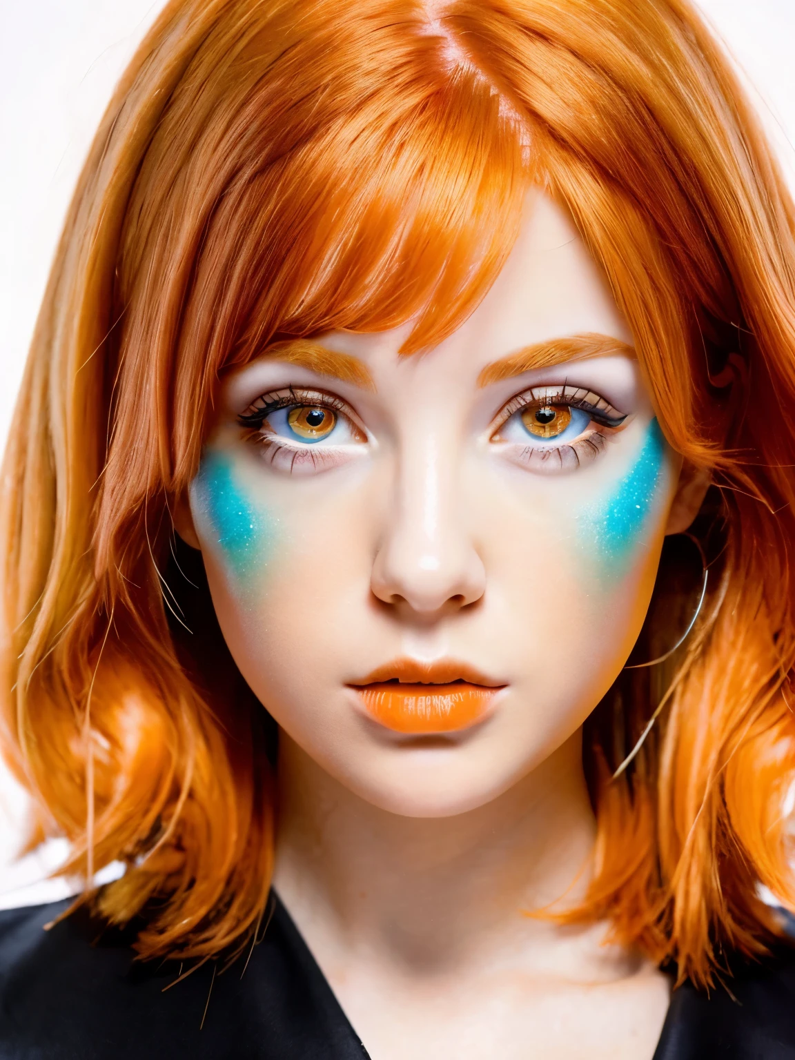 vivid orange hair with lots of life, bright orange eyes, hypnotized in a trance ready to obey.