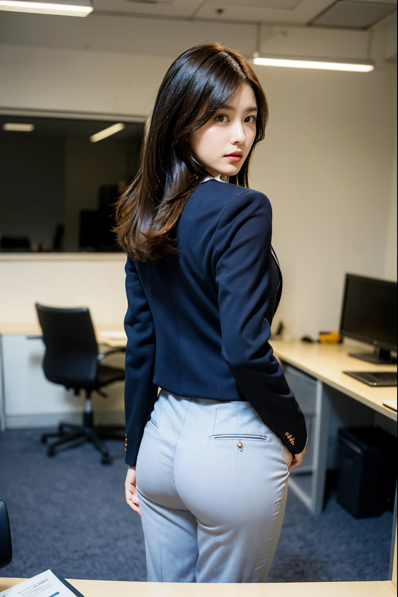 (masterpiece:1.3), (8k, Realistic, RAW Photos, highest quality: 1.4), (Medium Hair:1.3),Ultra High resolution, Ultra-realistic, High resolution, ２Man's Office Lady:1.5, Tight pants、From behind, Long Hair, From below, back of head:1.5、Walk through the office:2、Holding a bag in your hand、Back view:1.5、blazer:1.5