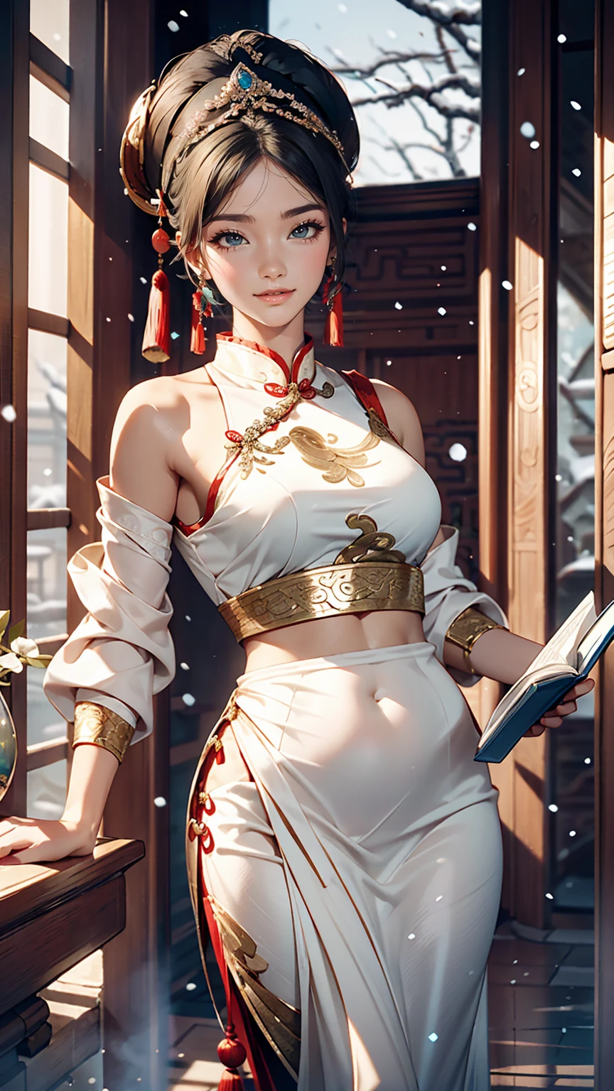 An elegant and intelligent classical Chinese woman, Wear a belly band, Standing at the door with a smile, Her skin is brighter than snow, Her eyes are like pools of clear water. There is a faint book-like atmosphere.