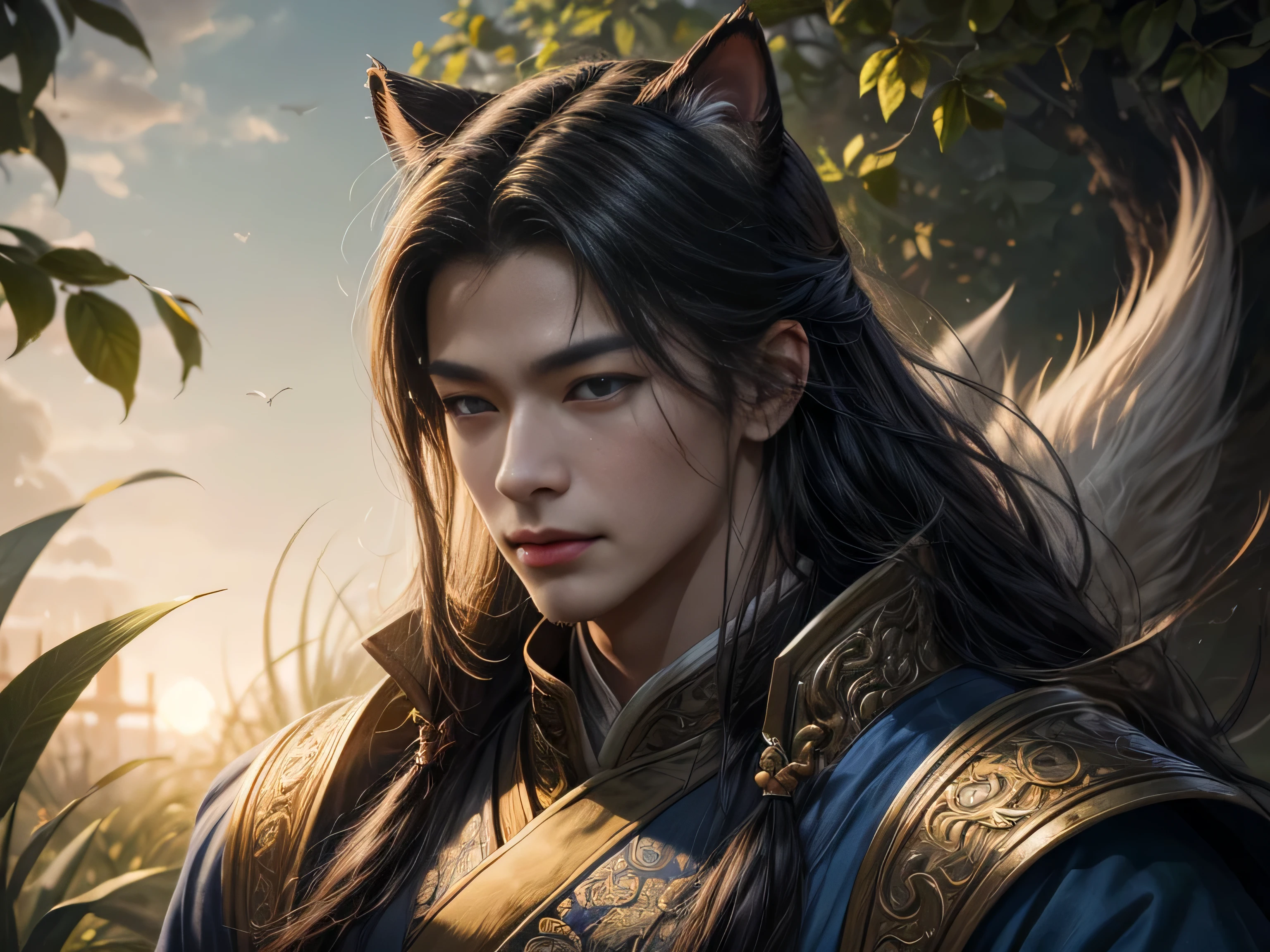 (Best Quality, 8K, Masterpiece, HDR, Soft Lighting, Picture Perfect, Realistic, Vivid), Garden with blue and pink flowers, a handsome man with cat ears is lying on the grass playing a game of go, arafed image of a man playing a game of go, inspired by Ma Shi, inspired by Ma Lin, inspired by Cao Zhibai, inspired by Wu Daozi, inspired by Hu Zaobin, inspired by Gu An, inspired by Xuande Emperor, inspired by Zhao Mengfu, inspired by Zhang Wo, game illustration, he has a beautiful blue eye color and a kind smile , black hair, he has a naked torso with a perfect body, his clothes are Tang Dynasty style, man, cute man, blue eyes, smile (ultra high quality fantasy art, majestic fantasy style), masterpiece, ultra high quality male character design, anime art in 8k resolution, realistic anime art, highest quality wallpaper illustration, detailed ultra high quality accurate male character face, high quality design and accurate physics, male character) (ultra high quality fantasy art, dark fantasy style), masterpiece, ultra high quality characters, anime with -8k resolution, realistic anime art, highest quality wallpaper illustration, ultra high facial detail, high quality design and accurate physics), color difference, depth of field, dramatic shadows, ray tracing, high quality and detailed computer wallpapers in 8K resolution. (Accurate simulation of the interaction of light and material)], [Visual art that conveys the meaning of history]