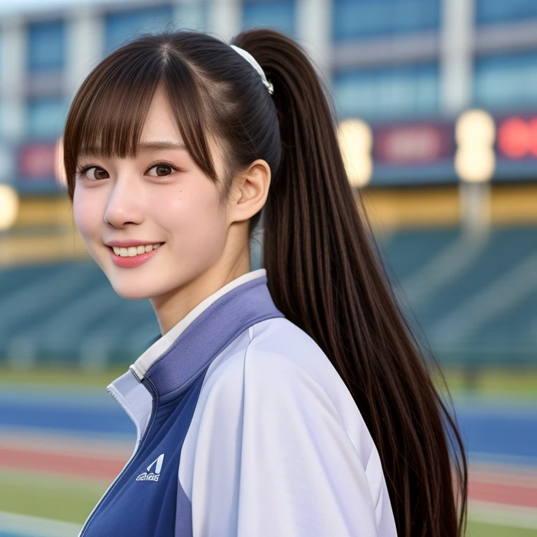 (kawaii 24 year-old Japanese girl, Nogizaka idol, Korean idol, track and field player), healthy female athlete body, glossy brown hair, (high ponytail, bangs:1.2), beautiful black eyes, rounded face, single eyelid, (no makeup:1.2), (big laughing), (long sleeved track jacket:1.3), extra small breasts, BREAK, (track and field stadium  background:1.2), (dynamic angle, bust shot:1.2), BREAK, (masterpiece, best quality, photo realistic, official art:1.4), (UHD, 8K quality wallpaper, high resolution, raw photo, golden ratio:1.3), (shiny skin), professional lighting, physically based rendering, award winning, (highly detailed skin texture, extremely detailed face and eyes textures), Carl Zeiss 85 mm F/1.4, depth of field, (1girl, solo),