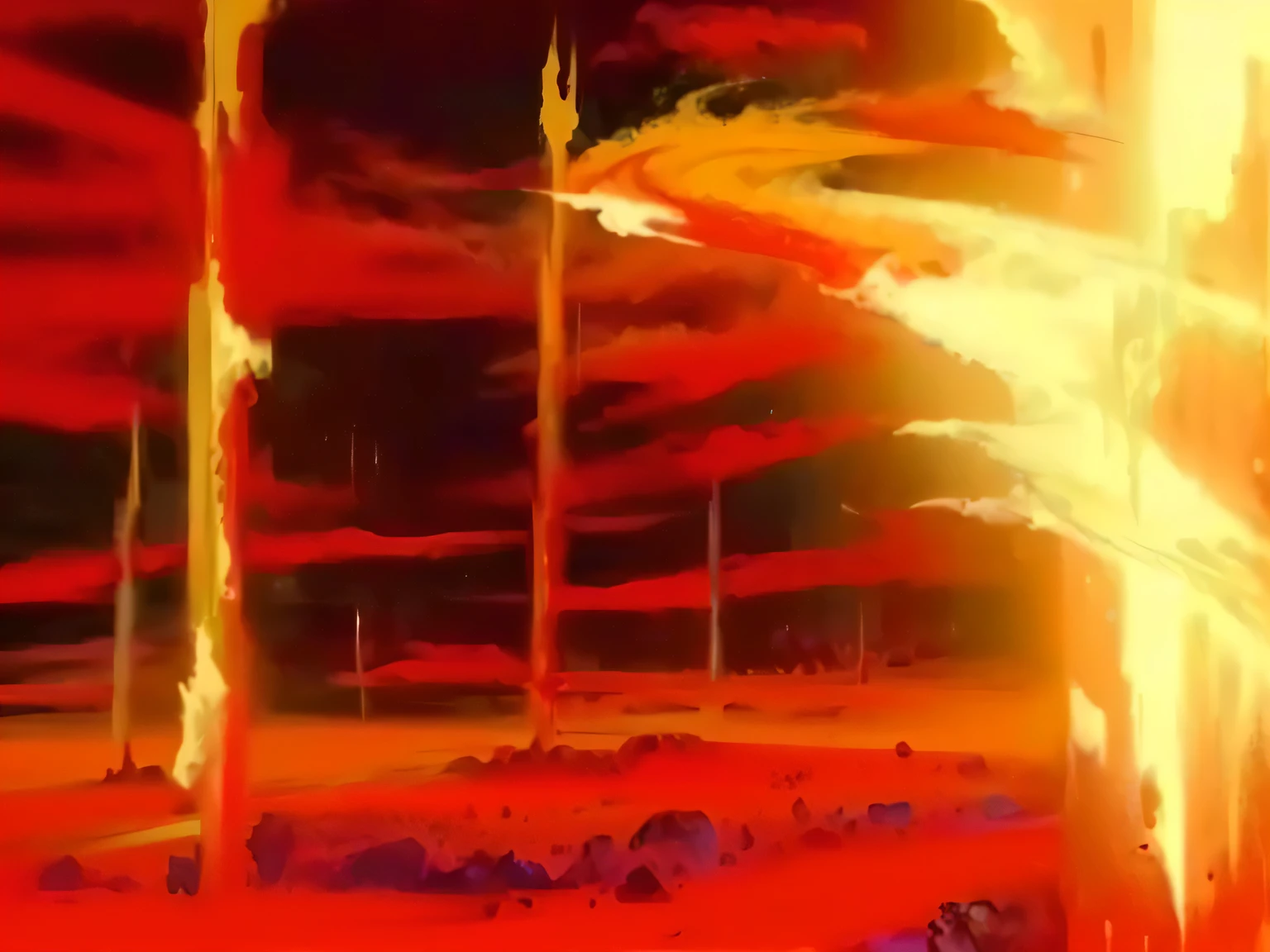 uma pintura de uma pessoa em frente a uma fogueira, akira's explosion, aura de pico laranja em movimento, poderes de fogo, dbz, poderes de fogo fire swirling, explosions of power, huge explosions everywhere, Super Saiyajin, Nuclear explosions paint the sky, dragon ball z, powerful explosions, has poderes de fogo, Tornados de fogo escaldantes, Super Saiyajin 3