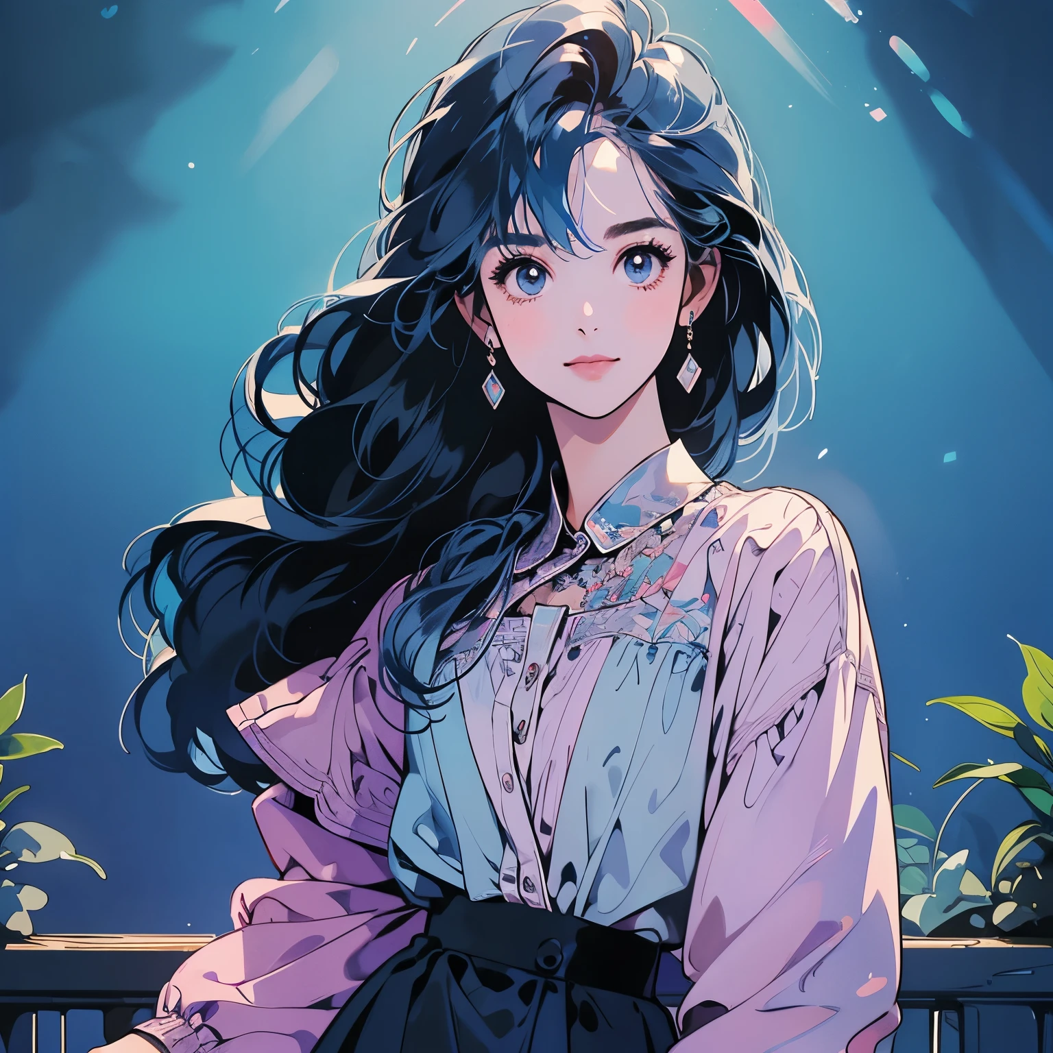 Upper Body、1 female、4k、Blue blouse、skirt、Aquarium、Complex background、Detailed Hair、Blue Hair、Faint lighting、The chest is small、Hair length is a little short、Stare straight ahead、smile、Fantastic Light、Hands on chest