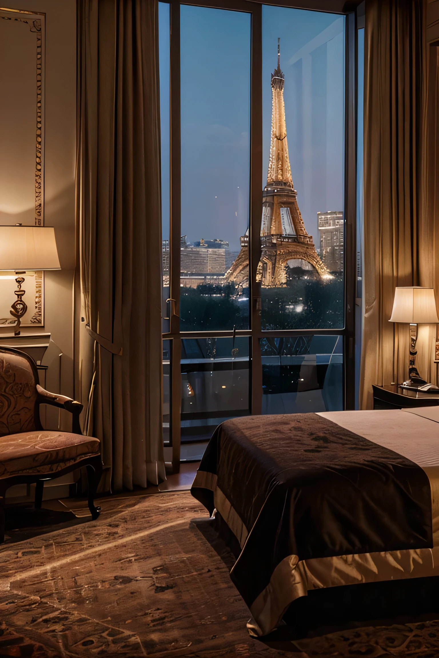 Interior view of a luxurious hotel room, in the background Eiffel Tower, sophisticated environment with details, empty floor space, decorative lights, nocturnal, environment without people, cinematographic, rich in details, large scale, 8k