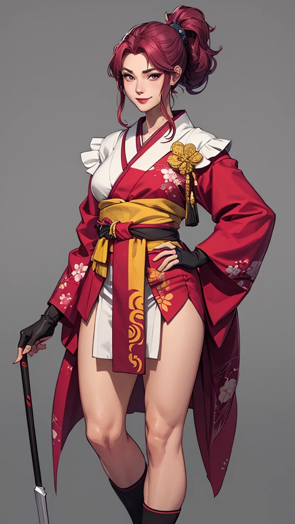 Standing posture、True Face、From the knee up、Dark pink hair、long hair、sex appeal、glossy、Japanese、Kimono Beauty、Japan Warlords、warrior、Simple、Smile、Sharp Gaze、Height: 180cm、Heavy makeup、50 years old、Mature Woman、An illustration、warrior、woman、Maid、Intimidation、Dignity、aura、Updo、ponytail、Alluring
