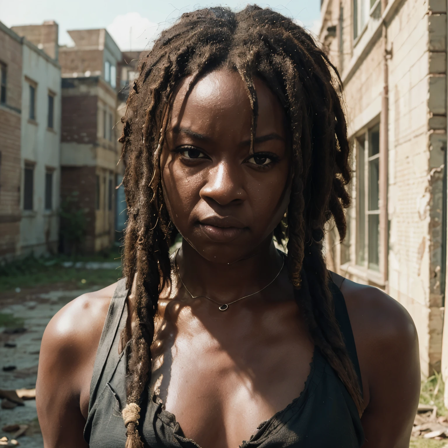 (masterpiece, best quality:1.2), 1girl, solo, photo raw, realistic, detailed, close-up face of Michonne a black woman, is standing in a abandoned urban background. She has long, Dreadlock hair , The photo should look like a movie poster and be in HD, 8k, and cinematic, highly detailed. vivid colors, cinemtic lighting.