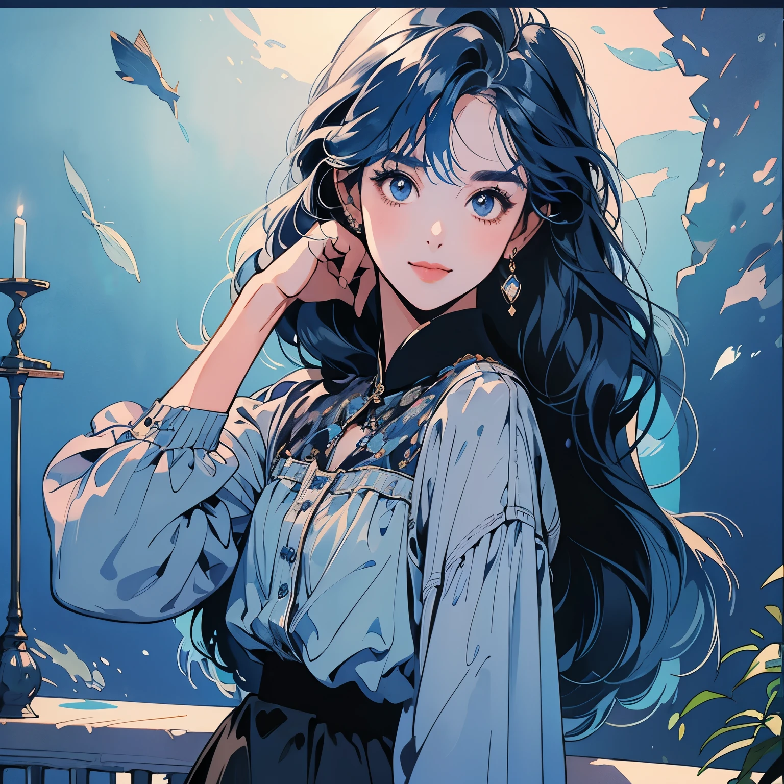 Upper Body、1 female、4k、Blue blouse、skirt、Aquarium、Complex background、Detailed Hair、Blue Hair、Faint lighting、The chest is small、Hair length is a little short、Stare straight ahead、smile、Fantastic Light、Hands on chest