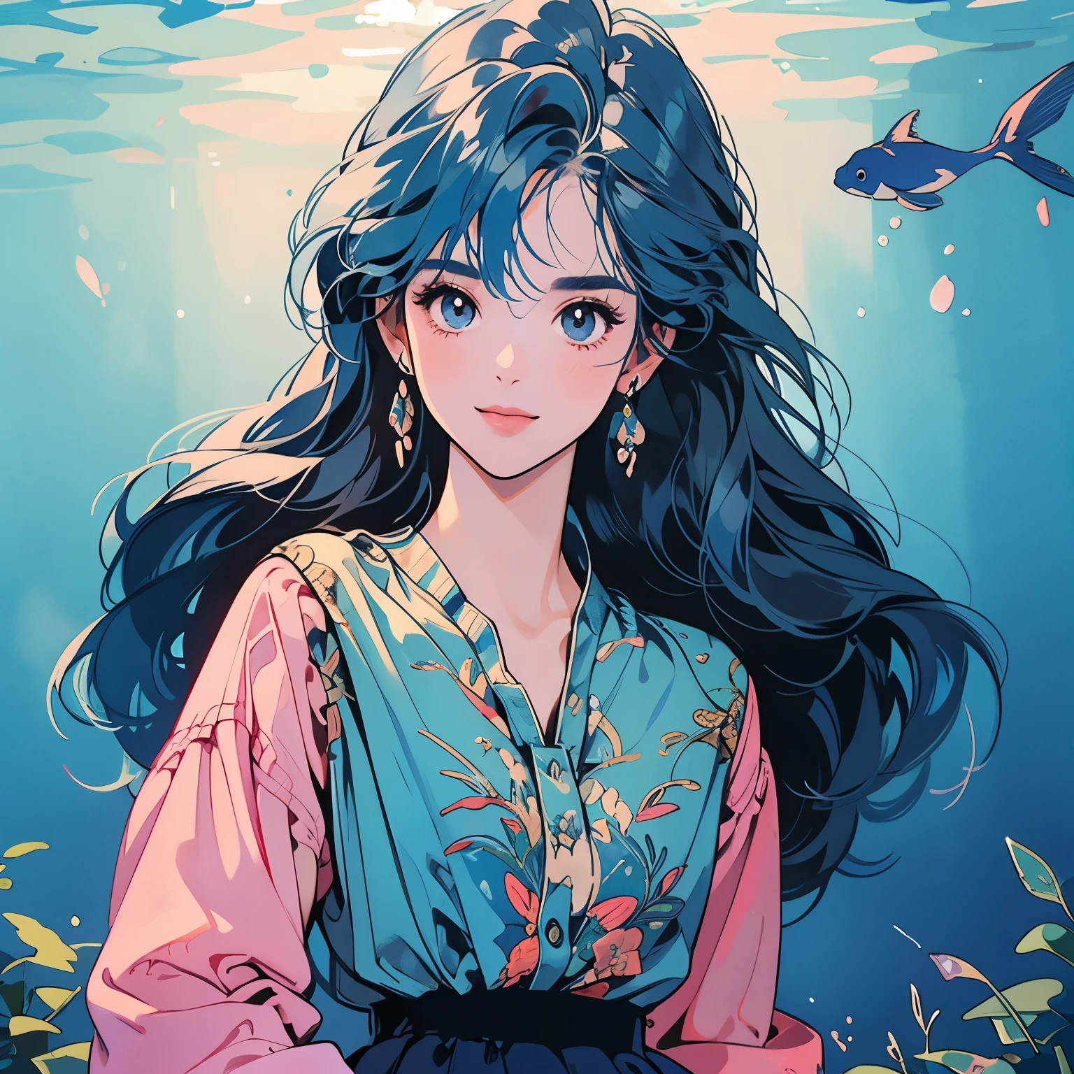 Upper Body、1 female、4k、Blue blouse、skirt、Aquarium、Fish swimming、Complex background、Detailed Hair、Blue Hair、Faint lighting、The chest is small、Hair length is a little short、Stare straight ahead、smile、Fantastic Light
