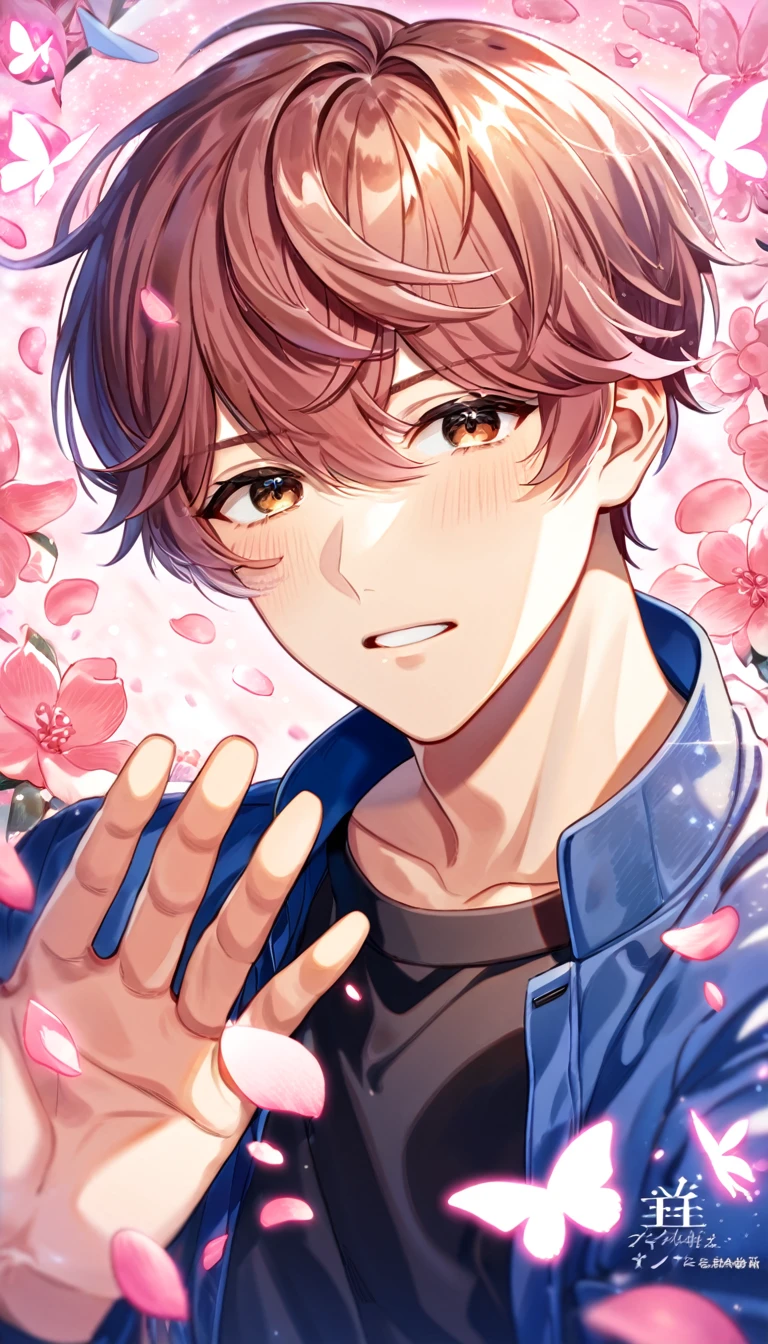 absurdres, highres, ultra detailed, HDR, master piece, best quality, Sato Mafuyu, pink-brown hair, expressive brown eyes, Given, solo, man, handsome, blue jacket, black shirt, pink butterflies, petals, pink flowers, magical, fantasy, glittering, pink background