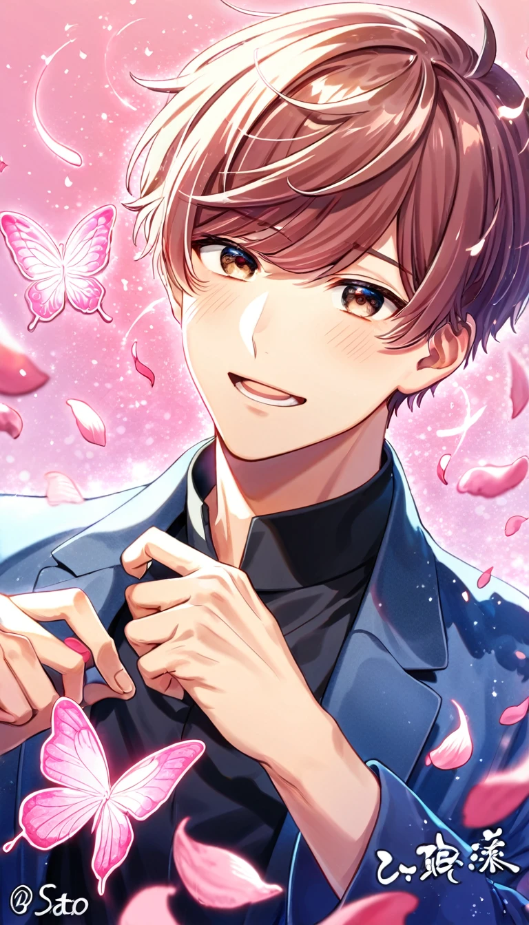 absurdres, highres, ultra detailed, HDR, master piece, best quality, Sato Mafuyu, pink-brown hair, expressive brown eyes, Given, solo, man, handsome, blue jacket, black shirt, pink butterflies, petals, pink flowers, magical, fantasy, glittering, pink background