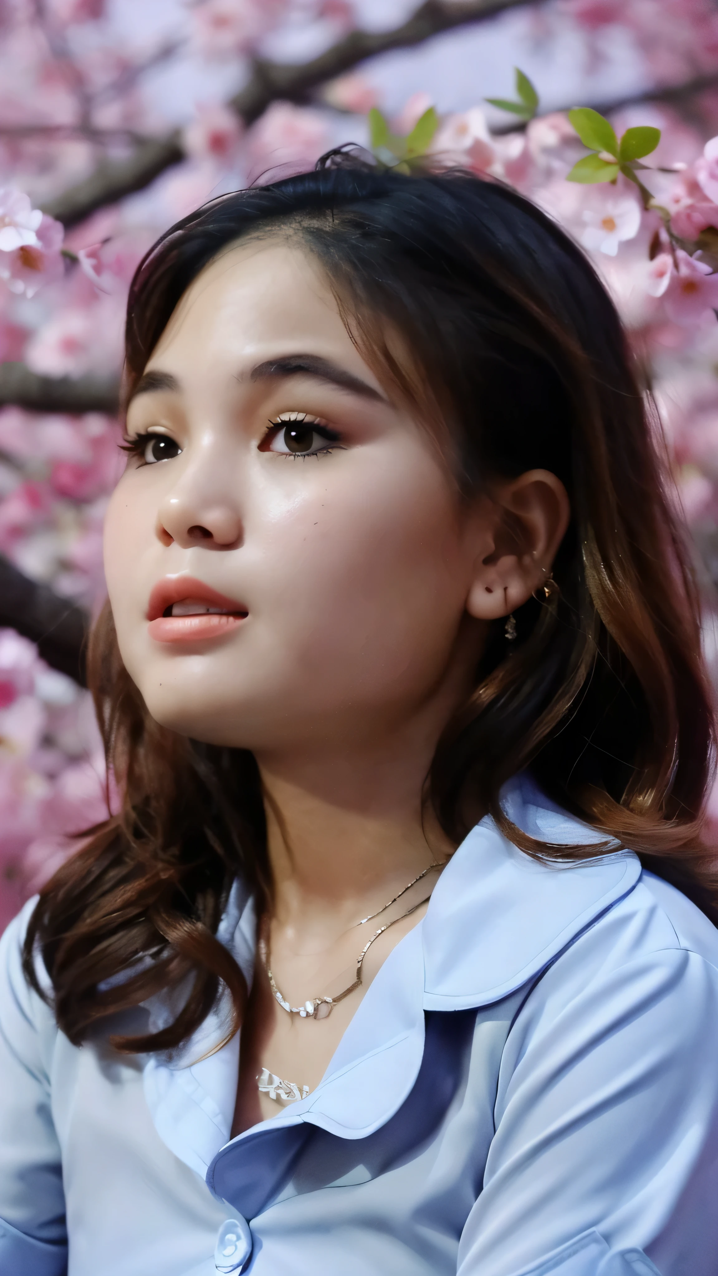 (super highest quality:1.3) (very realistic, Photoreal:1.3), (sharp focus:1.3), (Realistic and very high quality:1.3). (high resolution/High resolution:1.3), very delicate and beautiful, soft light, (brown hair, Shoulder-length straight bob hair sways in the wind), beautiful detailed girl, highly detailed eyes and face, beautifully detailed nose, thin and beautiful eyes, 1 girl, Japanese, Pure beauty, cute, young, (smaller chest), realistic face, realistic body, beautiful thigh, open shirt, mini skirt, cherry blossom background