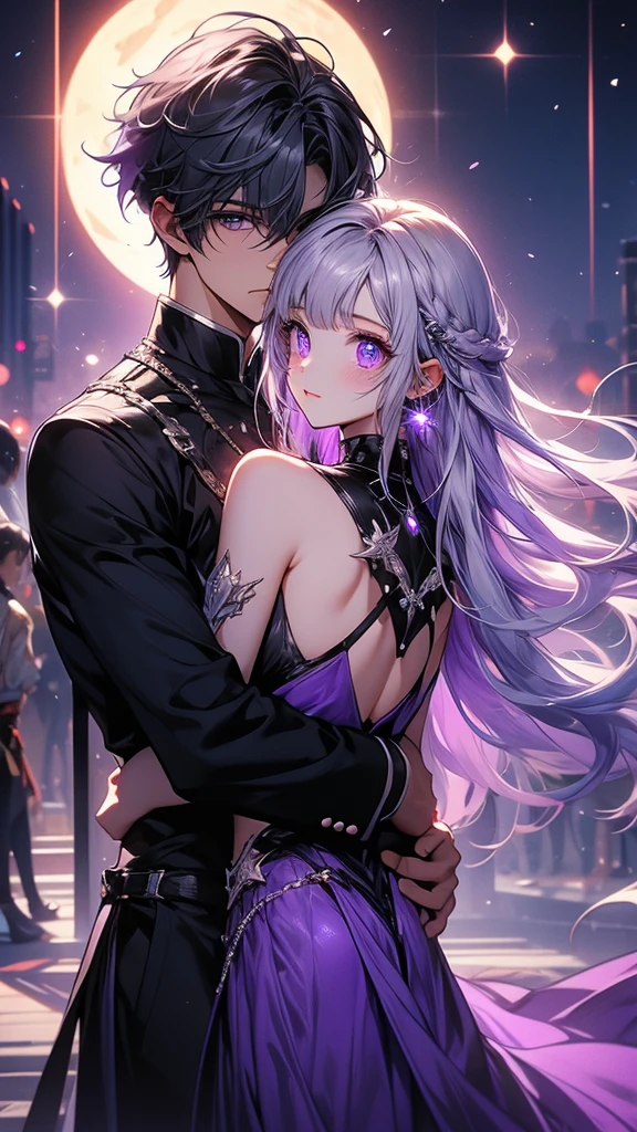 c0upl3、yinji、、Purple Eyes、Long Hair、Twin braids、Purple Hair、Multicolored Hair、Elbow Handbags、bangs、非常にLong Hair、Bare shoulders、Black Skirt、Gray Hair、dress、smile、Side cut-outs、Covered navel、Side cut-outs、下から赤い🔥につつまれているようなオーラ、A handsome man with milky white hair embraces me from behind.、Studded with purple sapphires、Angel ladder、