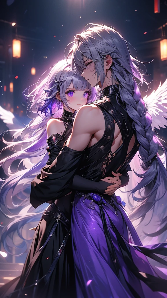 c0upl3、yinji、、Purple Eyes、Long Hair、Twin braids、Purple Hair、Multicolored Hair、Elbow Handbags、bangs、非常にLong Hair、Bare shoulders、Black Skirt、Gray Hair、dress、smile、Side cut-outs、Covered navel、Side cut-outs、下から赤い🔥につつまれているようなオーラ、A handsome man with milky white hair embraces me from behind.、Studded with purple sapphires、Angel ladder、