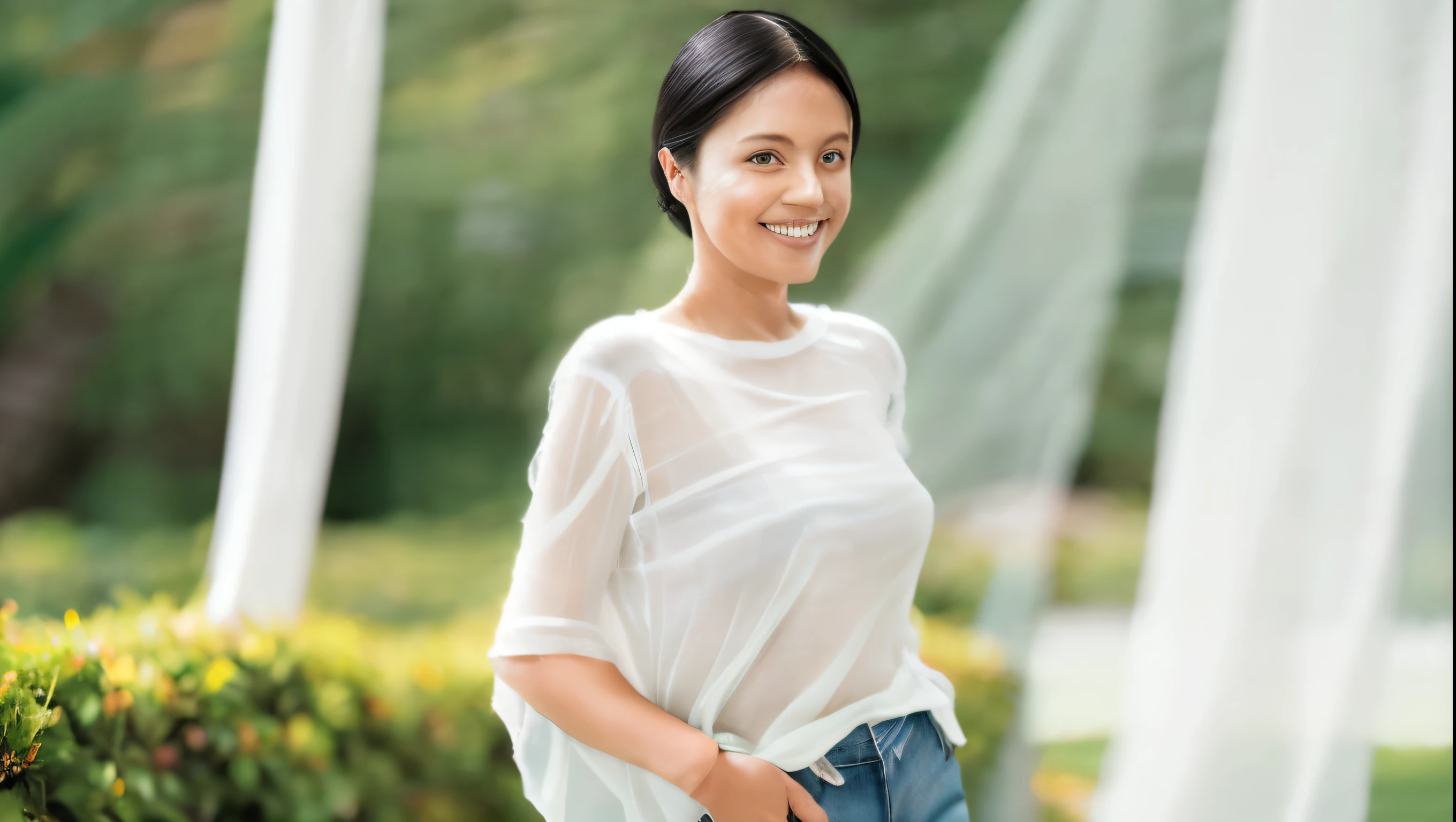 ((highest quality)), ((8k)), ((masterpiece: 1.3)), (Perfect appearance), (Photorealism: 1.6), (A Japanese woman walking in the fresh greenery), (1 female: 1.4), (Sunlight filtering through the trees々Inserted between: 1.4),  (Japanese 1 female: 1.4), (48 years old), ((Stand upright, Look forward, 1 female, seen near the left edge of the screen: 1.6)), ((Realistic skin texture)), (Fine wrinkles appear all over the skin: 1.3), (Dullness: 1.1), (Unmoisturized skin: 1.2) , (Facial wrinkles: 0.9), (Wrinkles around the eyes: 1.2), double eyelid, Lower eyelid tear trough, (Crying Mole: 0.9), The eyes are looking here, Serious look, (Dimples: 1.2), Laugh with the corners of your mouth wide open, short hair, Hair blowing in the wind, Soft fabric T-shirt, (Sheer T-shirt: 1.3), (Voluptuous and glamorous body), (Short sleeve), (jeans: 1.2), (Full body portrait: 1.3), (Blurred Background: 1.8), Angle from the feet: 1.2,