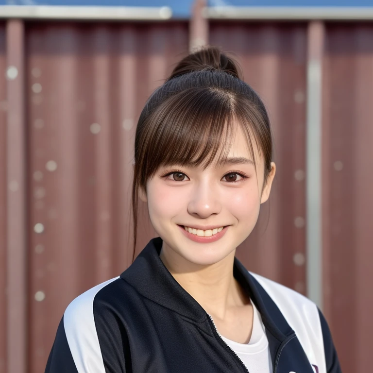 (kawaii 24 year-old Japanese girl, Nogizaka idol, Korean idol, track and field player), healthy female athlete body, glossy brown hair, (high ponytail, bangs:1.2), beautiful black eyes, rounded face, single eyelid, (no makeup:1.2), (big laughing), (long sleeved track jacket:1.3), extra small breasts, BREAK, (track and field stadium background:1.2), (dynamic angle, bust shot:1.2), BREAK, (masterpiece, best quality, photo realistic, official art:1.4), (UHD, 8K quality wallpaper, high resolution, raw photo, golden ratio:1.3), (shiny skin), professional lighting, physically based rendering, award winning, (highly detailed skin texture, extremely detailed face and eyes textures), Carl Zeiss 85 mm F/1.4, depth of field, (1girl, solo),