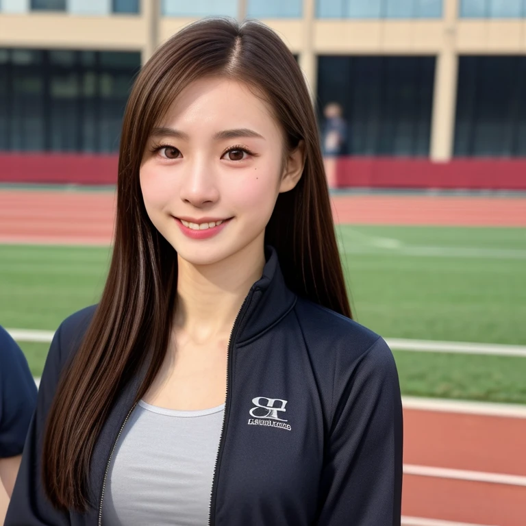(kawaii 24 year-old Japanese girl, Nogizaka idol, Korean idol, track and field player), healthy female athlete body, glossy brown hair, (high ponytail, bangs:1.2), beautiful black eyes, rounded face, single eyelid, (no makeup:1.2), (big laughing), (long sleeved track jacket:1.3), extra small breasts, BREAK, (track and field stadium  background:1.2), (dynamic angle, bust shot:1.2), BREAK, (masterpiece, best quality, photo realistic, official art:1.4), (UHD, 8K quality wallpaper, high resolution, raw photo, golden ratio:1.3), (shiny skin), professional lighting, physically based rendering, award winning, (highly detailed skin texture, extremely detailed face and eyes textures), Carl Zeiss 85 mm F/1.4, depth of field, (1girl, solo),