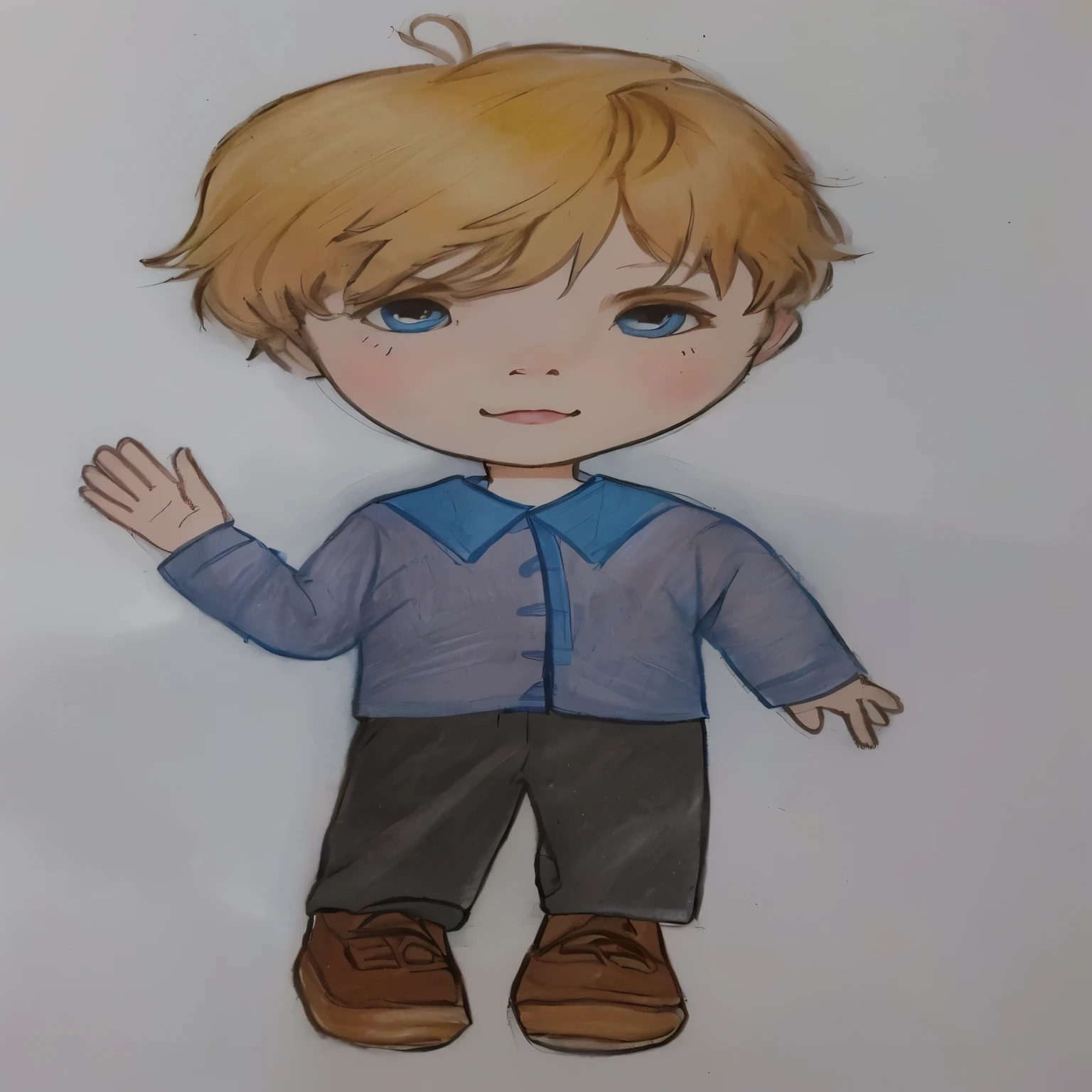 drawing of a boy with a blue shirt and brown pants, com sardas no rosto, children\'s book drawing, childrenbook illustration, book portrait, traditional art, kids book illustration, children's book illustration, children’s book illustration