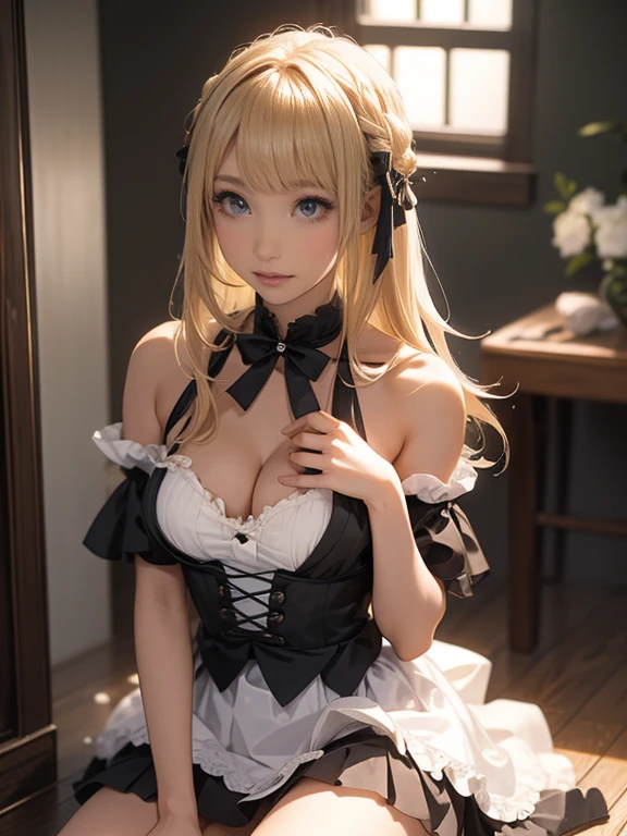 masterpiece、A perfect depiction of beautiful hands and fingers(Increase contrast)、(Increase saturation)、(25歳のDark Skinの女性、stare、Dark Skin)、(((Dark Skin)))Beautiful woman with perfect figure、((Sparkling eyes、tears))Embarrassed face、((((Blonde shoulder-length hair))))(大きく開いた胸を持つ世界で最もかわいいゴシックMaid、Very short mini skirt))Blurred Background、、Dark Skin色、Beautiful and huge breasts、Beautiful valley、Narrow waist、Depth of written boundary、dress、Frills、Old Western house hallway、Short sleeve、Look at the viewer、Maid、Maidエプロン、Maidの頭飾り、Puffy sleeves、、squat、Dark Skin