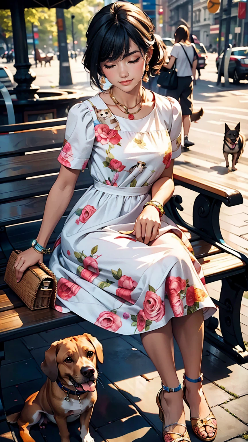 highest quality, A woman was sitting on a bench , summer_dress, dogs printed in the dress