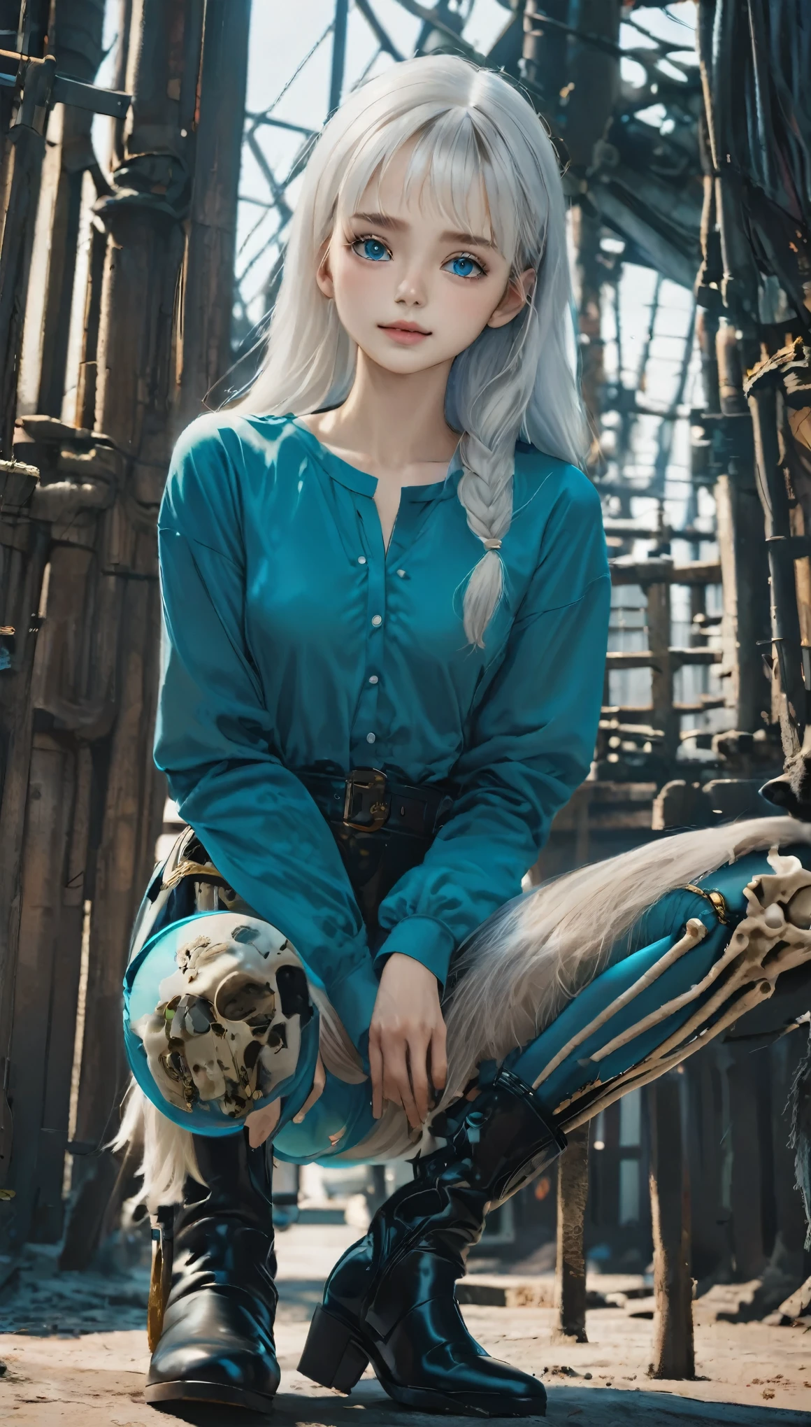 (Maximum resolution: 1.2), (Ultra-high resolution:1.2), (((Perfect Anatomy、Correct skeleton、Perfect human body depiction)))、Cinema Lighting, 8K resolution, Beautiful eyes and skin, Detailed face, Perfect Style, Cute Face, Accurate, Anatomically correct, Highly Detailed face and skin texture, Beautiful and delicate droopy eyes, 16 years old, (Black Hair:1.5), Long Hair, Parted bangs, blue eyes, (White Hair Band:1.5), (Long sleeve one piece plain dark cyan shirt:1.5), (tights:1.2), (boots:1.5), High Kick, Space Battleship