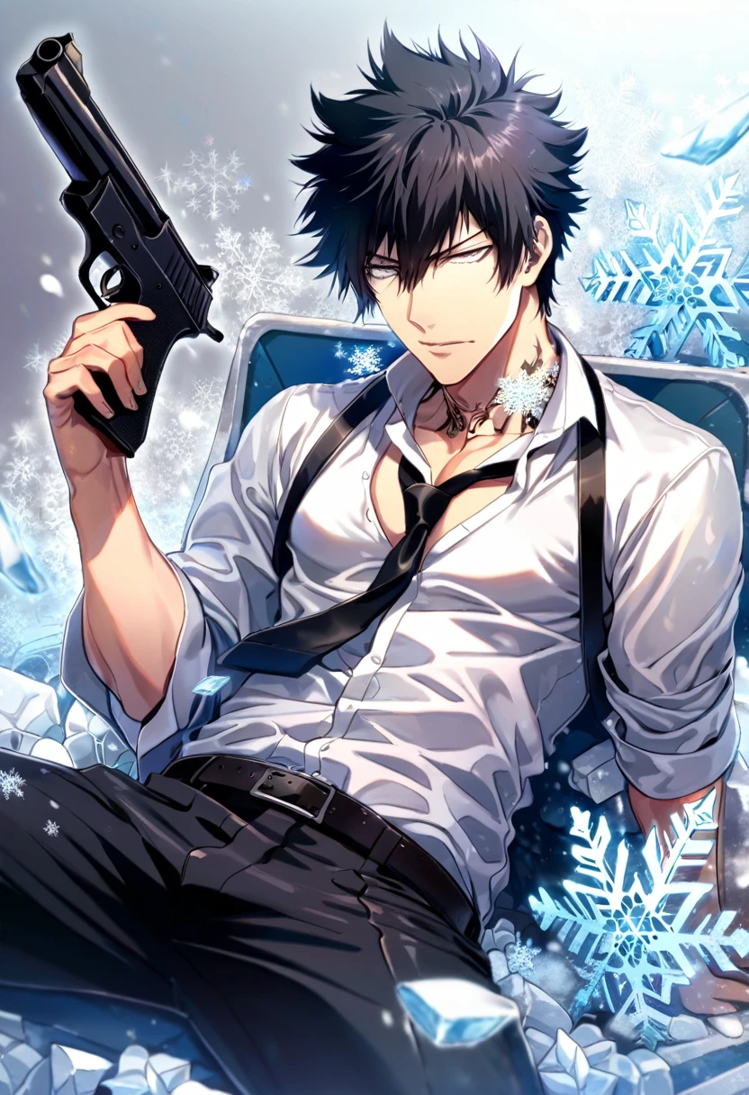 absurdres, highres, ultra detailed, HDR, master piece, best quality, Kougami Shinya, black hair, expressive gray eyes, Psycho Pass, solo, sexy man, handsome, toned chest, black coat, snowflakes, ice butterflies, winter, holding a gun