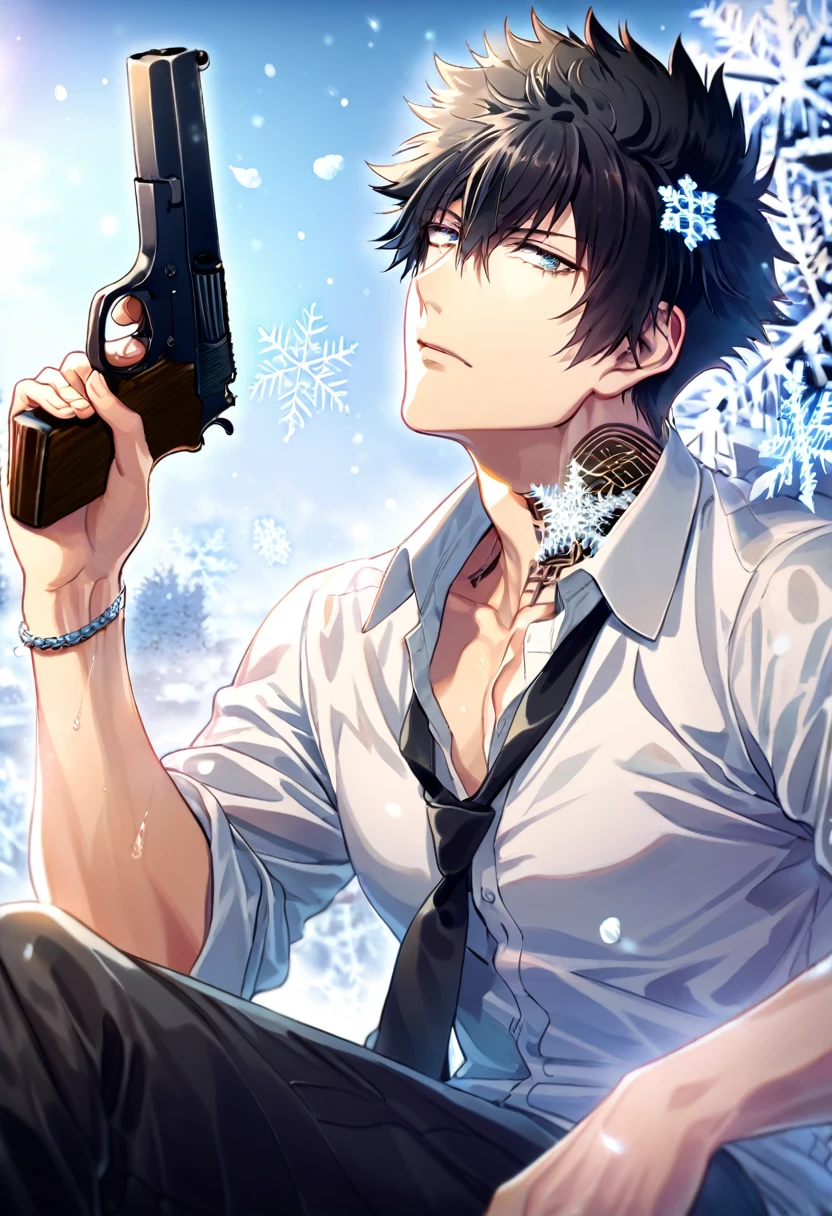 Ultra detailed, HDR, Highres, absurdres, master piece, Kougami Shinya, black hair, expressive silver eyes, Psycho Pass, ice butterflies, winter, ice, snowflakes, white flowers, sexy man, solo, extremely detailed face and eyes, handsome, glittering, toned chest, white shirt, tattoo on his neck, black clothes, black necktie, sitting, black pants, holding a gun,