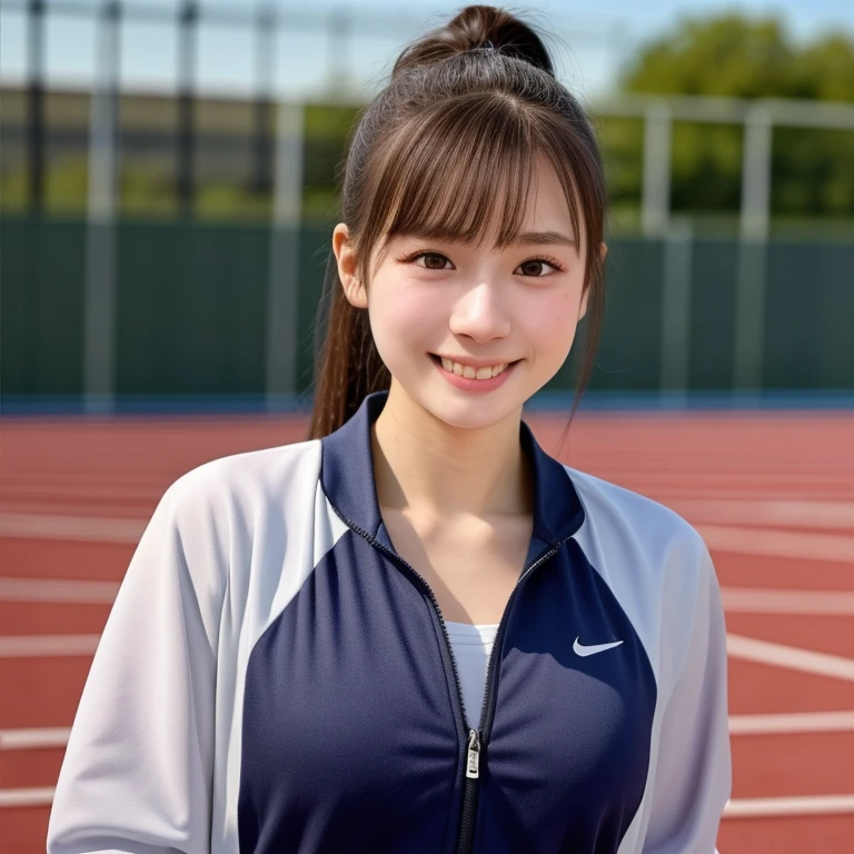 (kawaii 24 year-old Japanese girl, Nogizaka idol, Korean idol, track and field player), healthy female athlete body, glossy brown hair, (high ponytail, bangs:1.2), beautiful black eyes, rounded face, single eyelid, (no makeup:1.2), (big laughing), (long sleeved track jacket:1.3), extra small breasts, BREAK, (track and field stadium  background:1.2), (dynamic angle, bust shot:1.2), BREAK, (masterpiece, best quality, photo realistic, official art:1.4), (UHD, 8K quality wallpaper, high resolution, raw photo, golden ratio:1.3), (shiny skin), professional lighting, physically based rendering, award winning, (highly detailed skin texture, extremely detailed face and eyes textures), Carl Zeiss 85 mm F/1.4, depth of field, (1girl, solo),