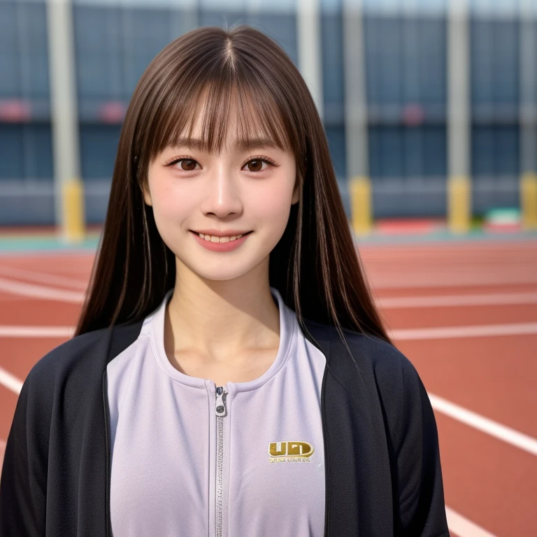 (kawaii 24 year-old Japanese girl, Nogizaka idol, Korean idol, track and field player), healthy female athlete body, glossy brown hair, (high ponytail, bangs:1.2), beautiful black eyes, rounded face, single eyelid, (no makeup:1.2), (big laughing), (long sleeved track jacket:1.3), extra small breasts, BREAK, (track and field stadium  background:1.2), (dynamic angle, bust shot:1.2), BREAK, (masterpiece, best quality, photo realistic, official art:1.4), (UHD, 8K quality wallpaper, high resolution, raw photo, golden ratio:1.3), (shiny skin), professional lighting, physically based rendering, award winning, (highly detailed skin texture, extremely detailed face and eyes textures), Carl Zeiss 85 mm F/1.4, depth of field, (1girl, solo),