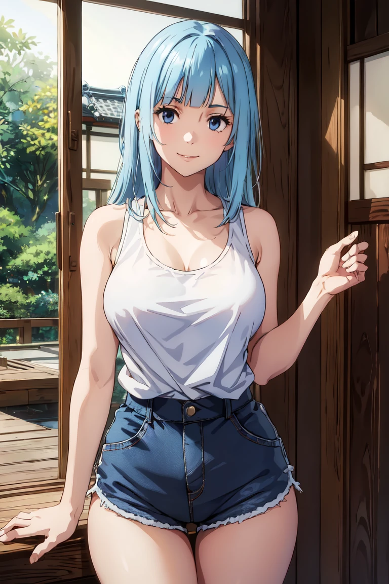 (extremely detailed CG unity 8k wallpaper),(masterpiece),(best quality),(ultra-detailed),(best illustration),(best shadow),(absurdres), Kasumi, 1girl, solo, blue hair, long hair, blue eyes, smile, holding, bangs, blunt bangs, indoors, upper body, straight hair, tanktop, sleeveless, collarbone, bare shoulder, Standing in bedroom , large breasts, hands in lap, thick thighs, facing camera, looking at viewer, (wide hips), beautiful japanese garden background, dolfine shorts, dshorts, lips seperated,