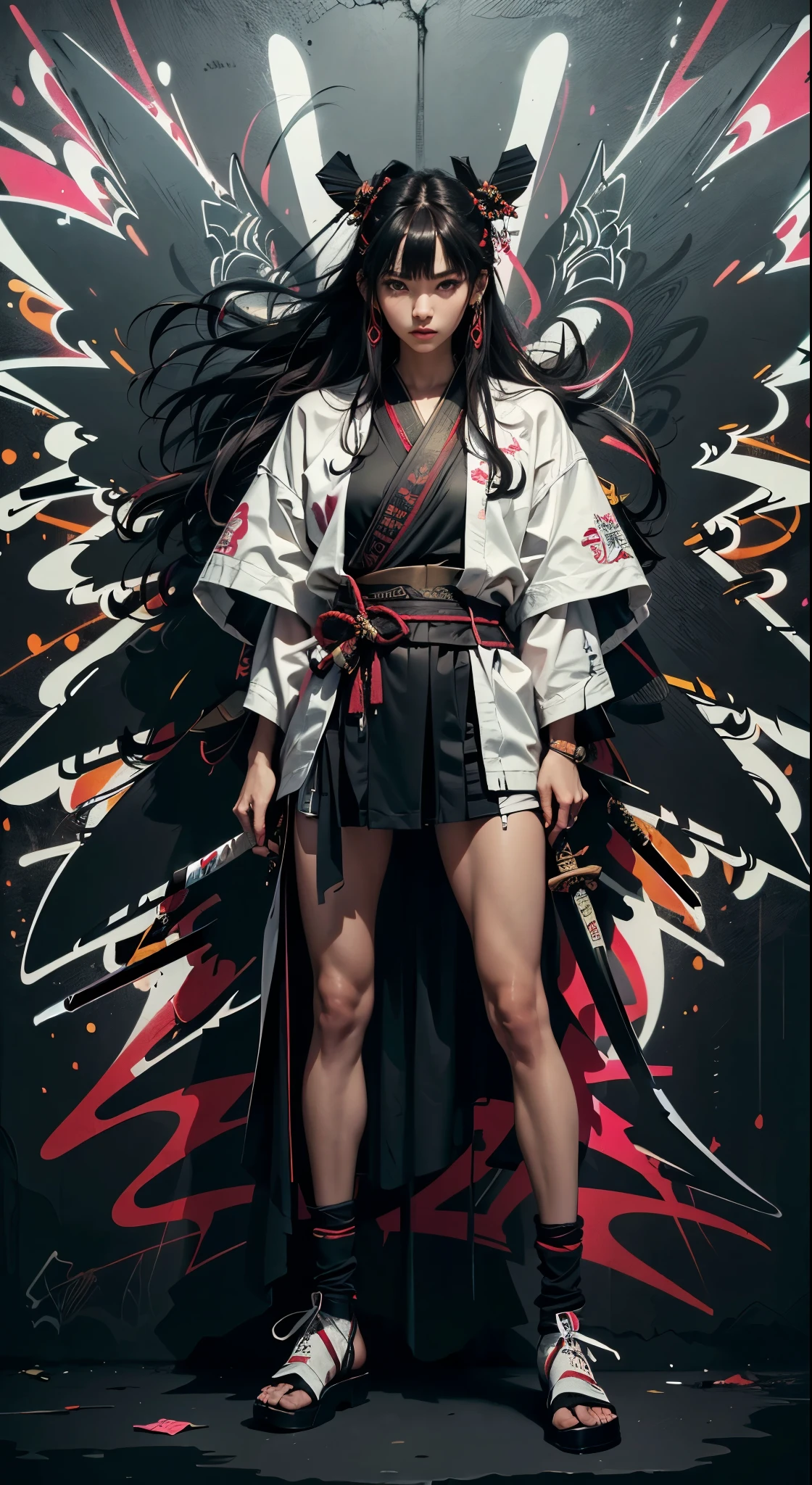 ((masterpiece, high quality, best quality, 8k, wallpaper, detailed, realistic)), samurai swords, skinny, woman korean popstar, full body, tall, long legs, simple red background, palm trees, (graffiti wall:1.2), muscular, strong, courageous holding samurai swords
