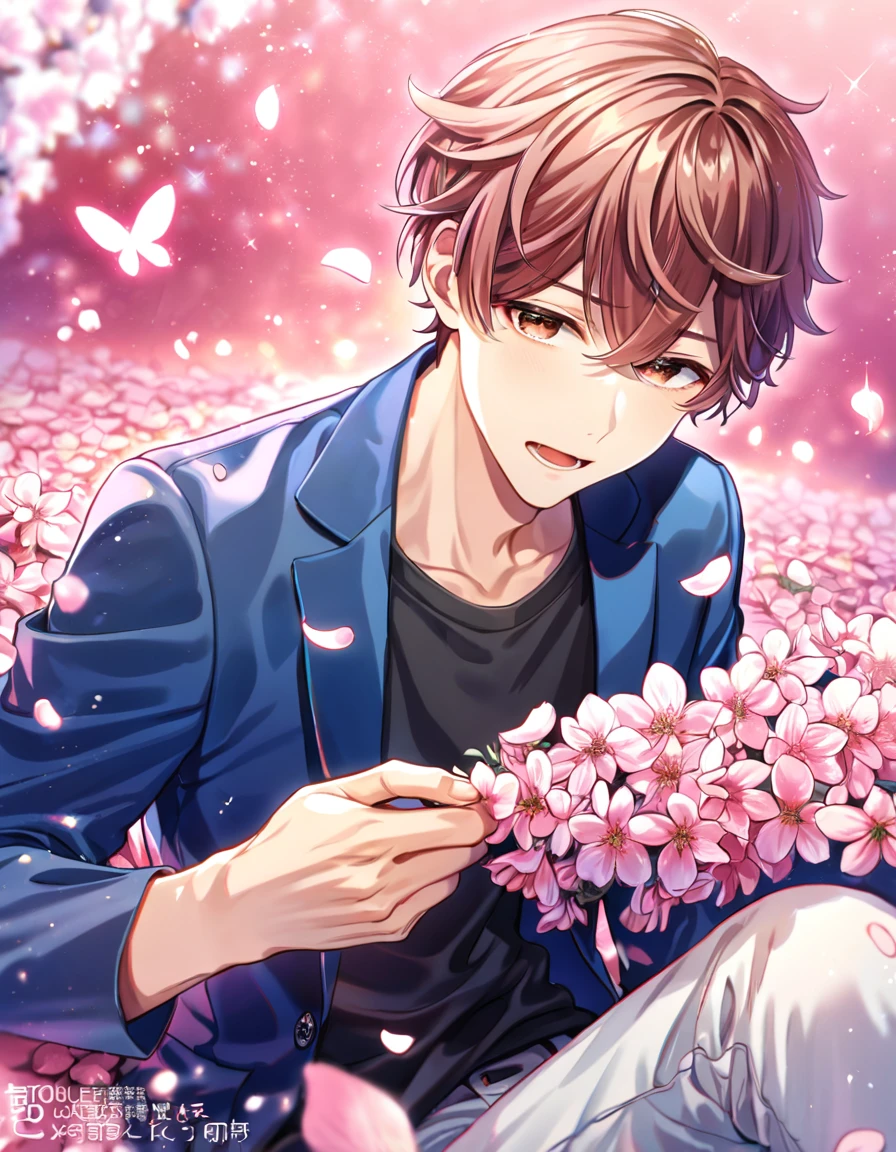 absurdres, highres, ultra detailed, HDR, master piece, best quality, Sato Mafuyu, pink-brown hair, expressive brown eyes, Given, solo, man, handsome, blue jacket, black shirt, sitting, pink butterflies, petals, pink flowers, magical, fantasy, glittering, pink background