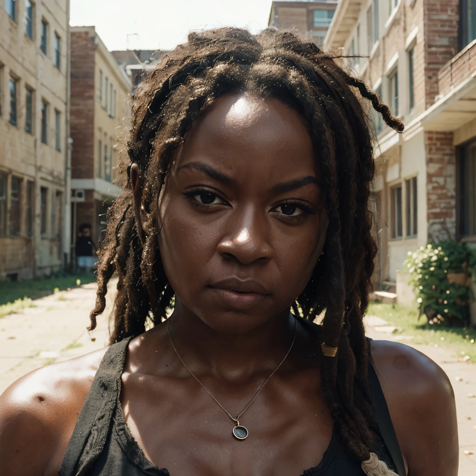 (masterpiece, best quality:1.2), 1girl, solo, photo raw, realistic, detailed, close-up face of Michonne a black woman, is standing in a abandoned urban background. She has long, Dreadlock hair, dynamc facial expression , The photo should look like a movie poster and be in HD, 8k, and cinematic, highly detailed. vivid colors, cinemtic lighting.