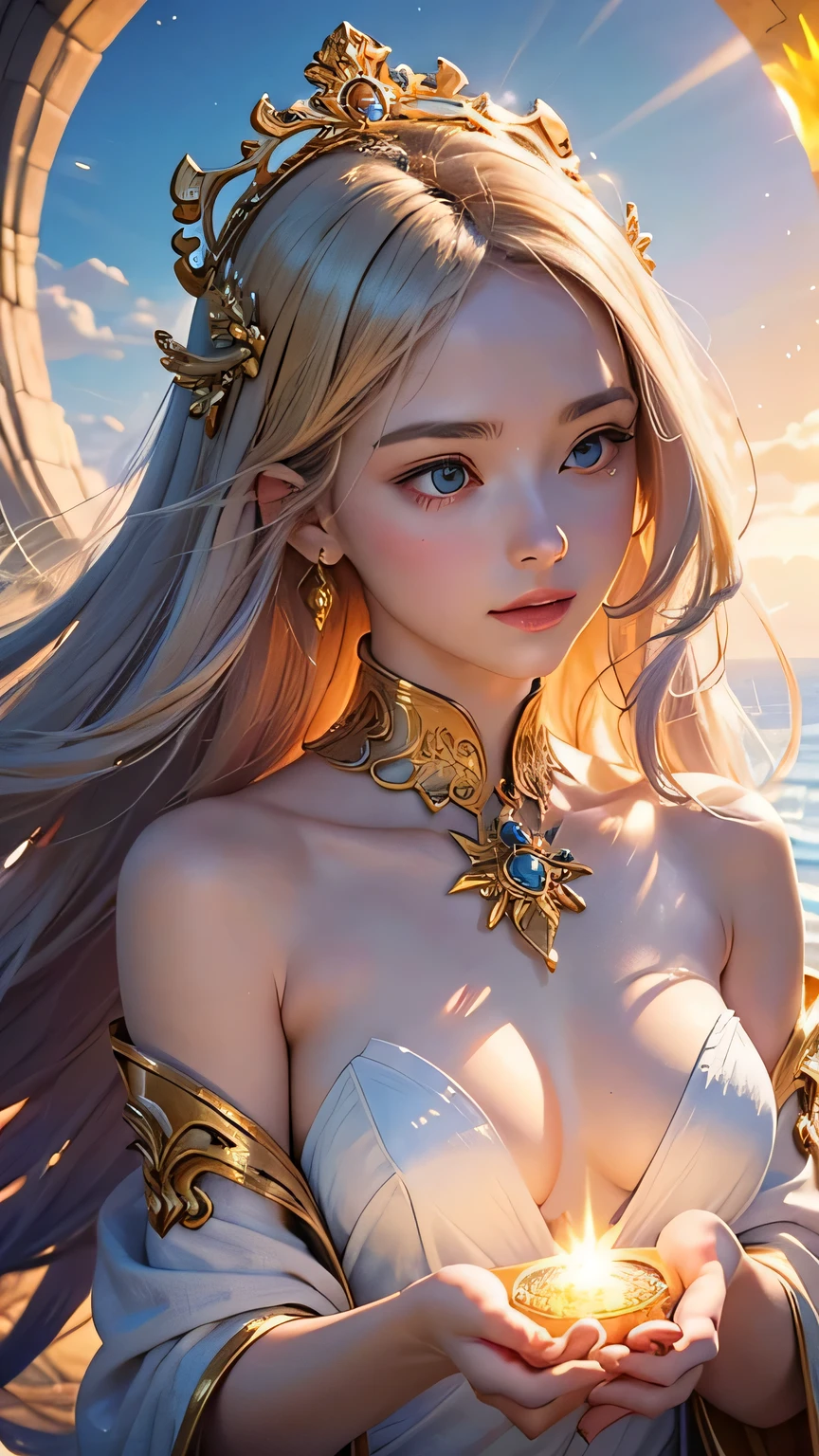 "Maiden of the Sun": Within a sacred sanctuary bathed in sunlight, depict the figure of a sun goddess, facing forward and emanating divine radiance. Zoom in to focus on her face, with light orbs gleaming in her hands, representing the life-giving power of the sun. Her hair is shimmering gold. The background should be predominantly pink, evoking a sense of divine splendor, with the addition of a blue sky to further enhance the feeling of openness and brightness. The setting is in heaven, enveloped in soft, bright light, where one can find tranquility and peace of mind, free from any trace of anxiety. Additionally, the light emanating from her hands should take the form of radiant hearts, resting gently on the palm of her hands.