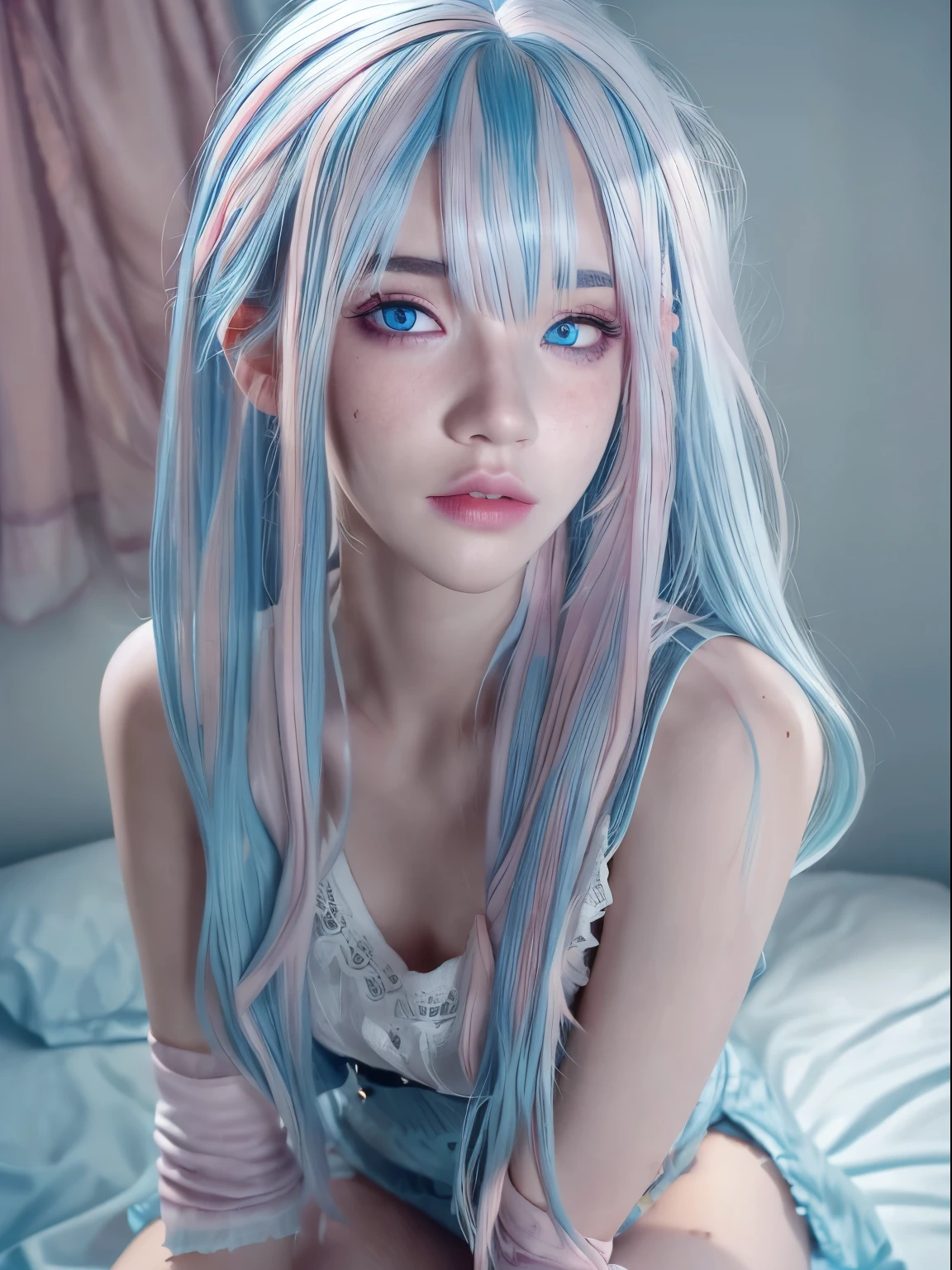 (8k, RAW photo, best quality, masterpiece: 1.2) detailed face, (light: 1.2), a detailed painting, clearly crafted detail, intricate, cinematic, dim natural lighting, (high skin detailed: 0.9), shallow depth of field, raytracing, detailed face, good face, high resolution, ((female) freckles, highly detailed eyelashes, blue eyes, smug, (((cracked dye hair)) ((light blue hair, pink hair))), straight hair, blunt bangs, absurdly long hair, dress shirt, pleated skirt, thigh highs, detailed hands