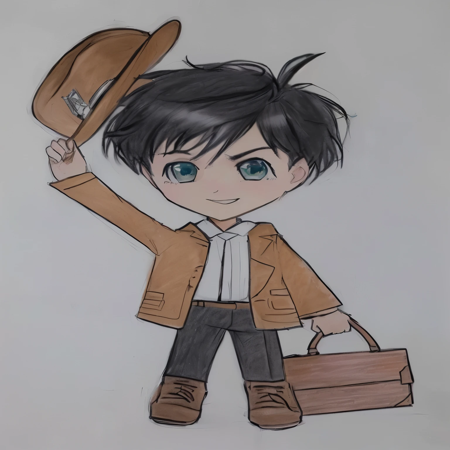 drawing of a boy with hat and briefcase, inspirado em William Mustart Lockhart, fanart oficial, caricatura, inspirado em Inoue Naohisa, estilo chibi, inspirado em Jean Tabaud, inspirado em Lydia Field Emmet, inspirado em Tsuruko Yamazaki, fanart de alta qualidade, Cel sombreado!!!, retrato de corpo inteiro de um curta!