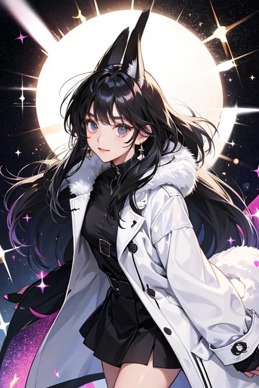 She has a fluffy white coat with black ears and black legs. Her black eyes are as sparkly as her personality. SPARKLE; GLITTER