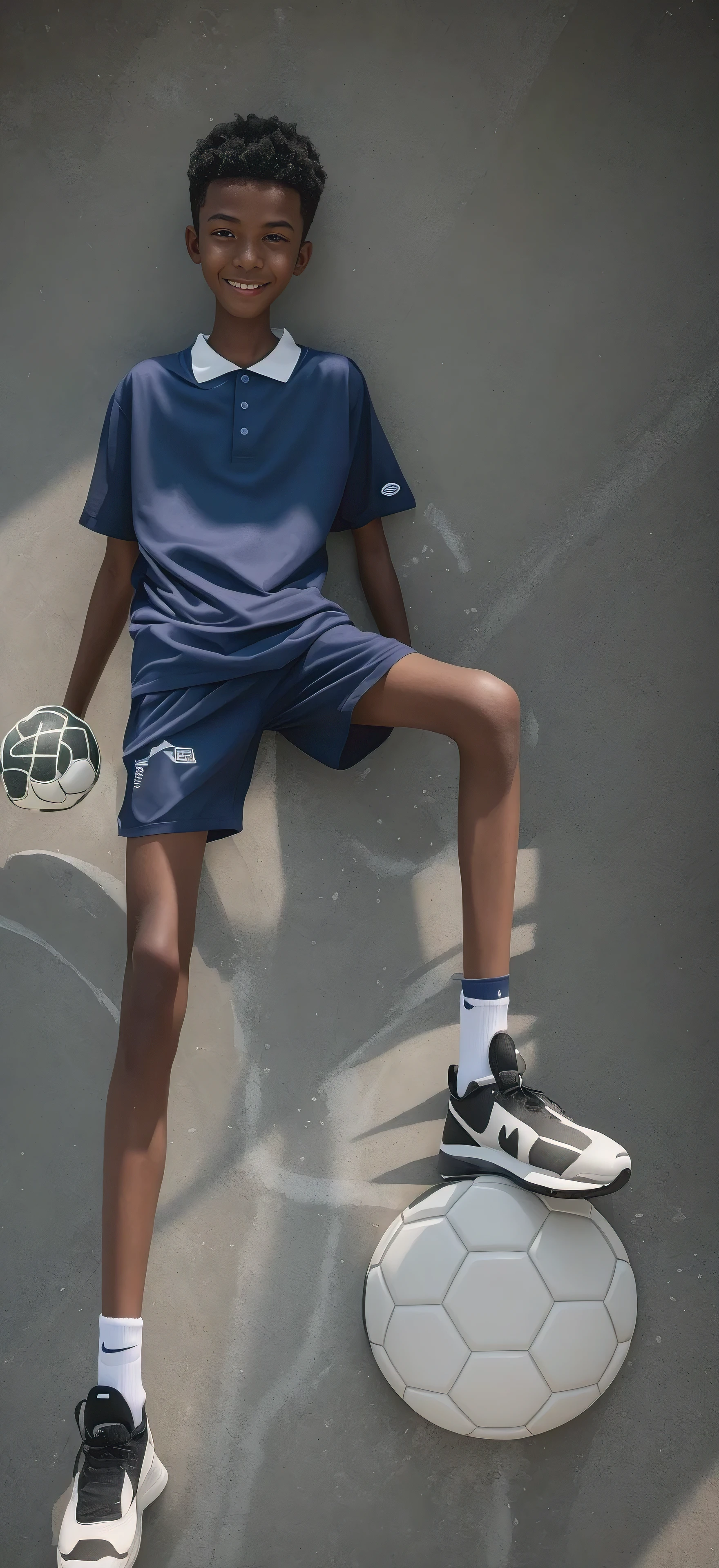  boy，（Wearing white tennis clothes，Wearing green socks），Dark skin，Big round eyes，Very short hair，Tall and skinny，Toothy Smile，Sharpen details，Knee Band-Aid Scar，Night Blue