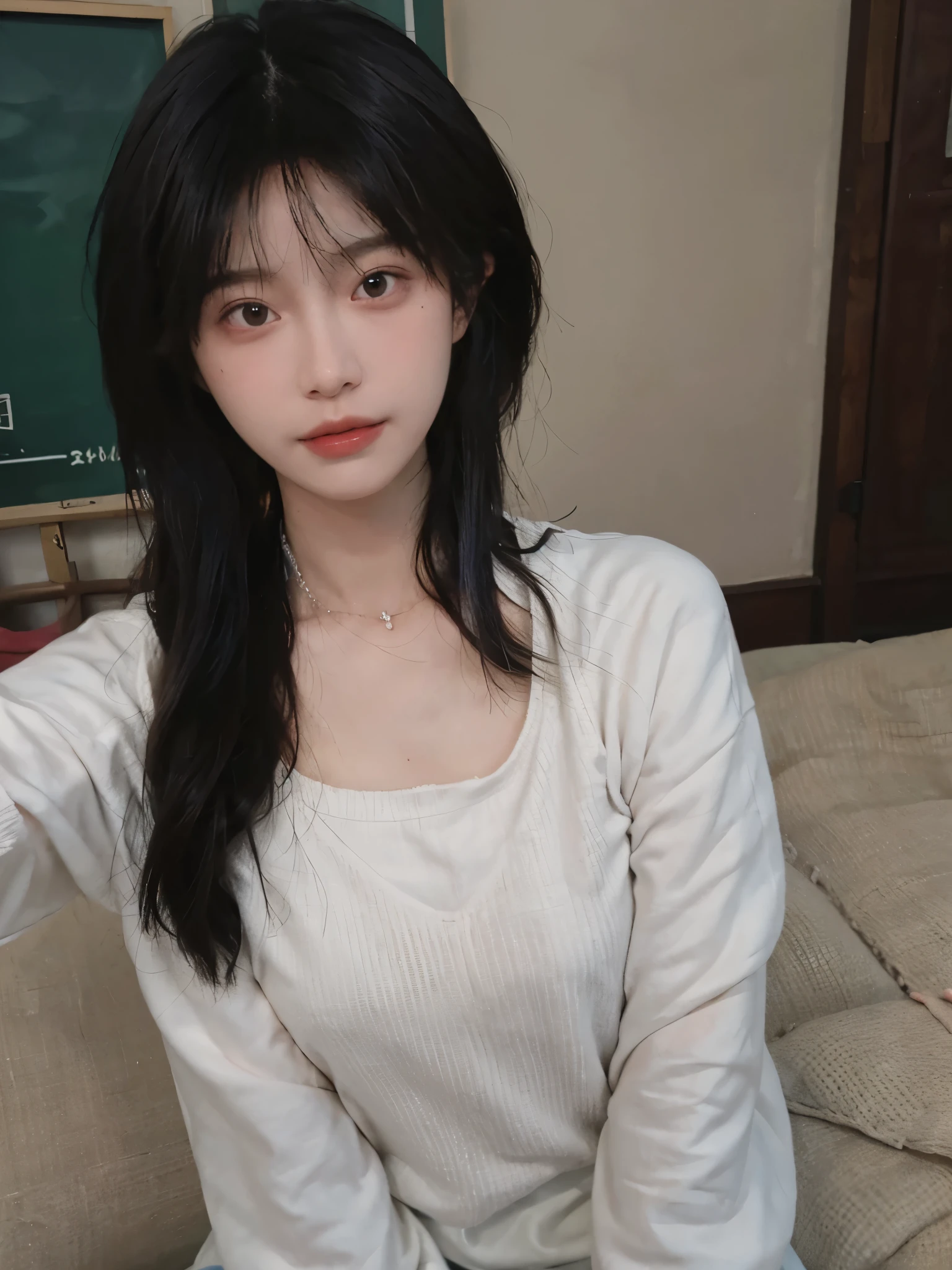 best qualtiy, Ultra-high resolution, (realisticlying:1.4),cute hairpin,1girll,with long coiled hair,Quartered sweater ,Blushlush,Beautiful woman with a slim figure:1.4, Pronounced abs,On the sandy beach,Ultra-fine face,Elaborate Eyes,double eyelid,choker necklace