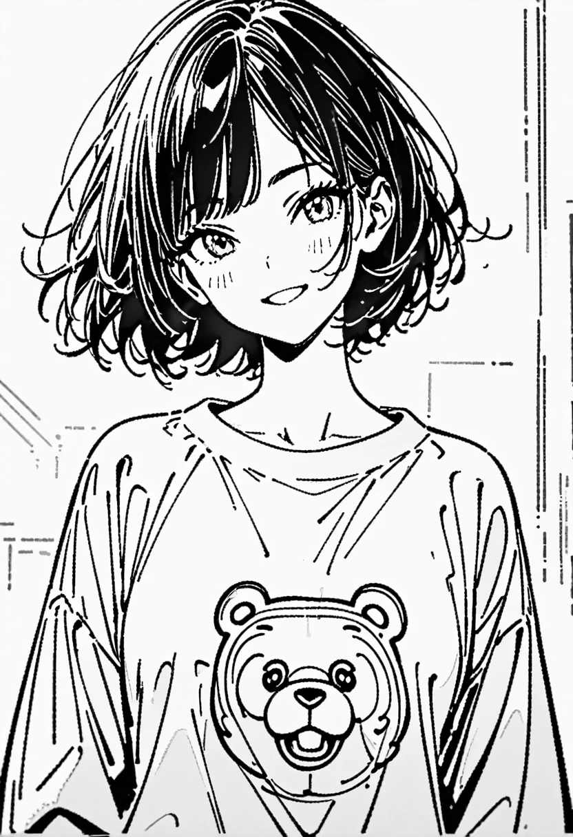 Line drawing,MangaLine drawing,Black and white Line drawing,Black and White,girl,short hair,Qi bangs,Bear pattern sweatshirt,Smile,bust,Clear and smooth lines,8k,masterpiece