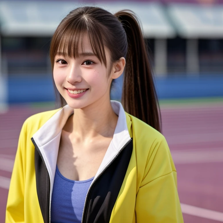 (kawaii 24 year-old Japanese girl, Nogizaka idol, Korean idol, track and field player), healthy female athlete body, glossy brown hair, (high ponytail, bangs:1.2), beautiful black eyes, rounded face, single eyelid, (no makeup:1.2), (big laughing), (long sleeved track jacket:1.3), extra small breasts, BREAK, (track and field stadium background:1.2), (dynamic angle, bust shot:1.2), BREAK, (masterpiece, best quality, photo realistic, official art:1.4), (UHD, 8K quality wallpaper, high resolution, raw photo, golden ratio:1.3), (shiny skin), professional lighting, physically based rendering, award winning, (highly detailed skin texture, extremely detailed face and eyes textures), Carl Zeiss 85 mm F/1.4, depth of field, (1girl, solo),
