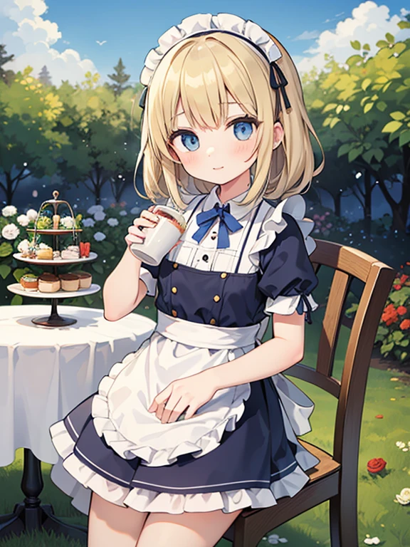 masterpiece, highest quality, Very detailed, 16k, Ultra-high resolution, 12 year old girl, Detailed face, blue eyes, blonde, Braiding, (Blue Dress, White apron), blue sky, garden, Red Rose, White tablecloth, Cake and tea, Chair, Chairに座る, Drinking tea